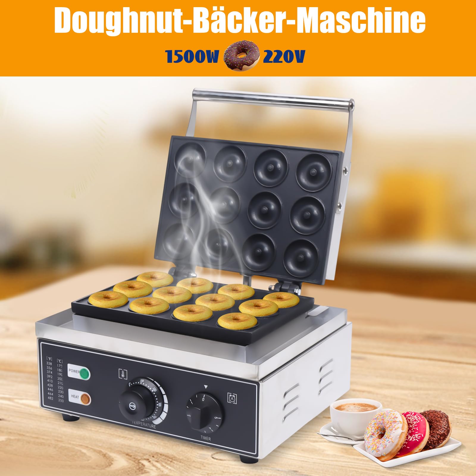 Lot de 12 machines à donut 220 V 1550 W en acier inoxydable antiadhésif contrôle de la température 50-300 °C Chauffage rapide 1 à 5 minutes Idéal pour les fêtes, cafés, salons de thé