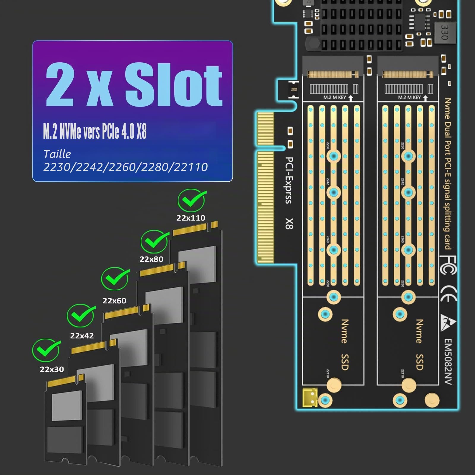 GLOTRENDS PA21 Dual Adaptateur M.2 NVMe vers PCIe 4.0 X8 sans Bifurcation PCIe, Configuration Raid M.2 NVMe Via l'outil du OS(Support 22110/2280 Size), (Carte mère avec Bifurcation PCIe requise)