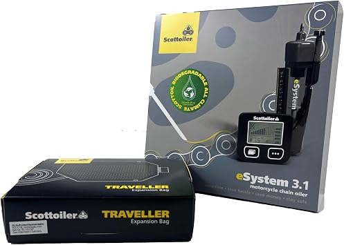 Scottoiler eSystem Electronic Automatic Motorcycle Chain Lubrication System with Biodegradable Green Scottoil & Traveller Expansion Bag Range Extending Touring Bundle...