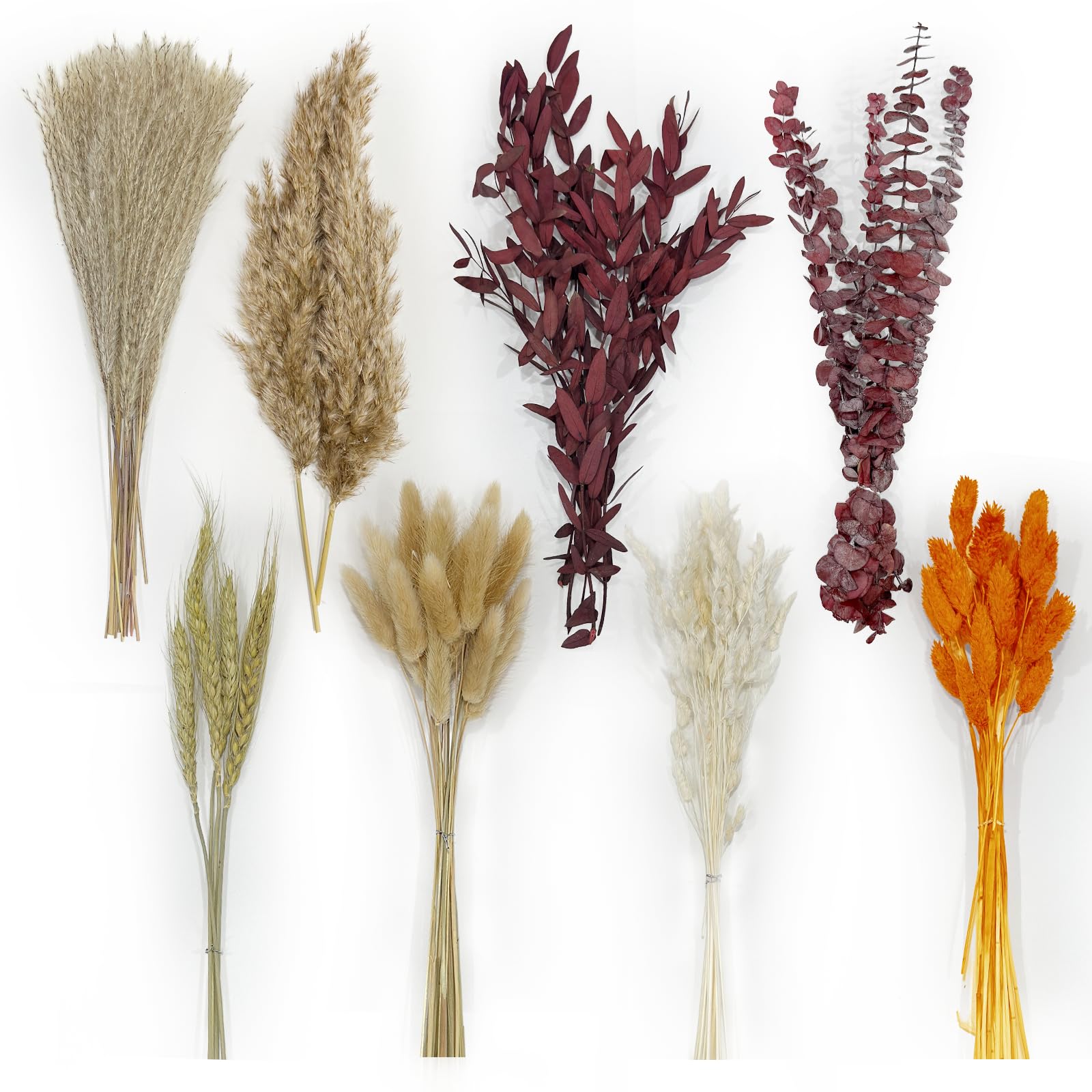 Photo 1 of 110 Stem Dried Pampas Grass Decor Contains Bunny Tails, Reed Pampas, Red Eucalyptus, Orange Gem Grass, Boho Flowers for Weddings, Home Decor, Table Centerpiece, and Rustic Farmhouse Party (17 inch)