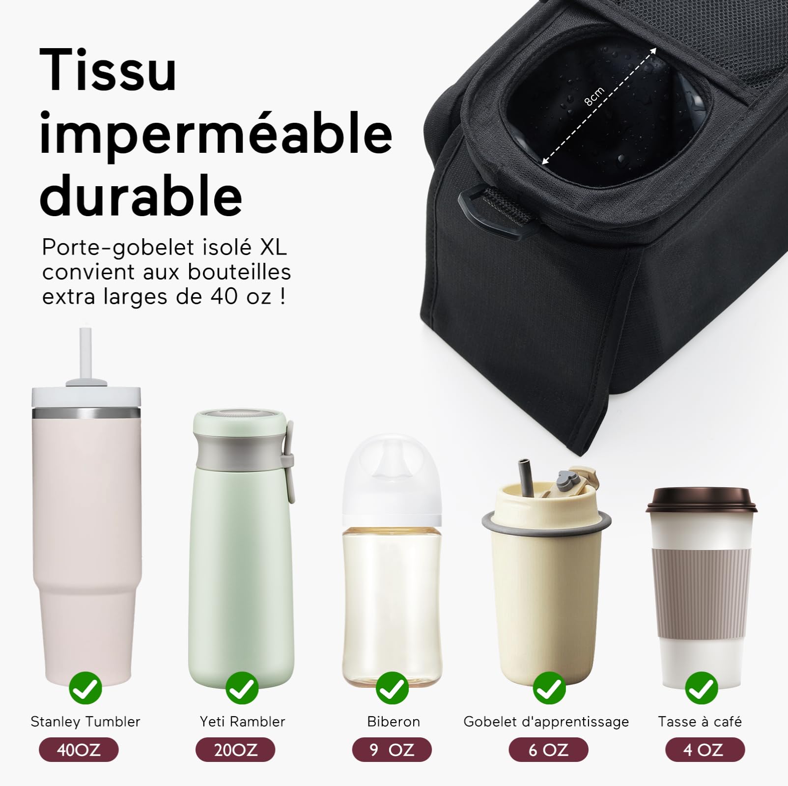 Momcozy Organisateur de Poussette avec 2 Porte-Gobelets Isolés, Sac de Rangement Universel Noir