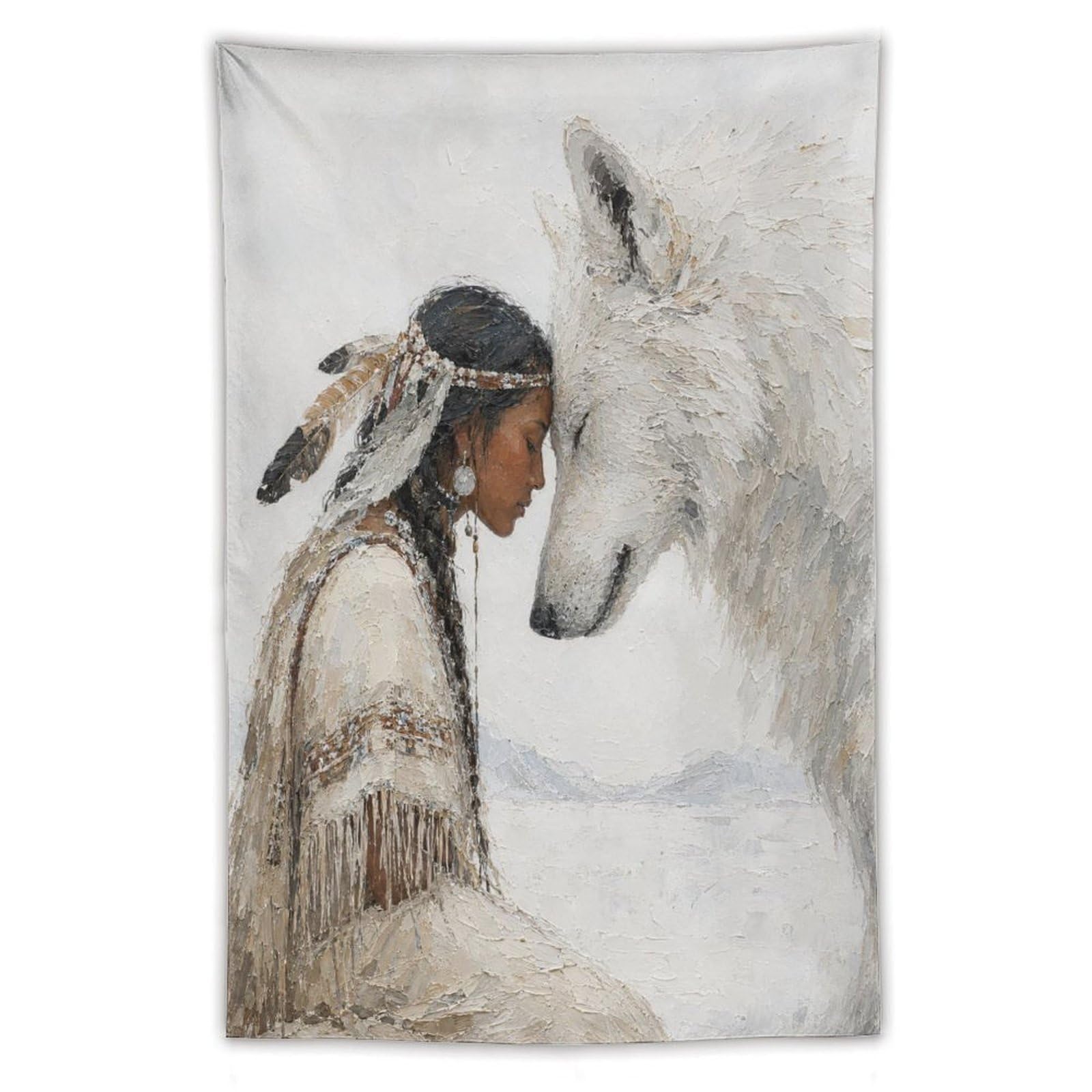 W7C8U2X3 Native Woman with White Wolf Wall Tapestry, Oil Painting, Backdrop