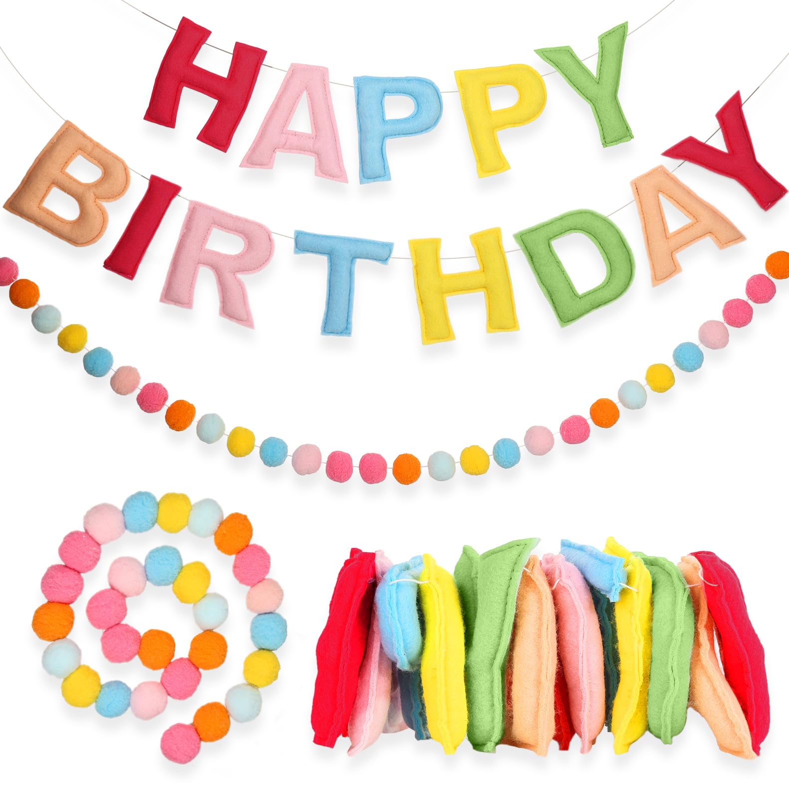 2Pcs 118 Inch Pre-Strung Happy Birthday Banner - Felt Ball Garland -Pastel Happy Birthday Party Decorations Party Garland for Wall Décor