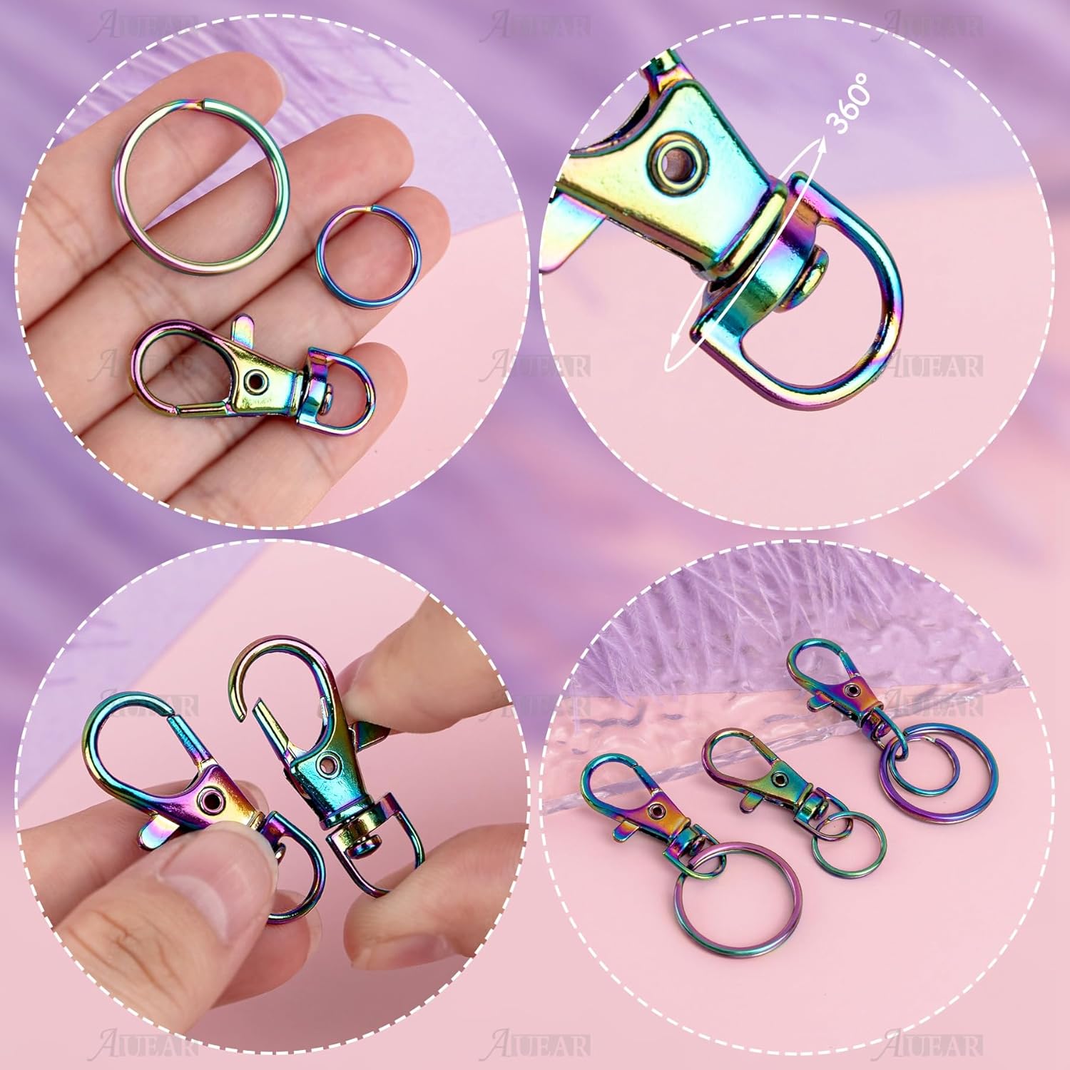 AUEAR, 60 Pack Rainbow Lobster Claw Swivel Clasps Metal Snap Hooks Trigger Lanyard Clasp Clips Hook for Keychain Jewelry DIY Crafts Purse Bag Making 1.38 inch - Image 3