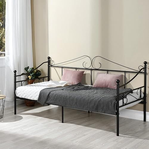 HJhomeheart Metal Twin Daybed Frames with Headboard, Metal Bed Frames for Mattress (Not Include), Stable Steel Sats Support, for Living Room Guest Room, Black