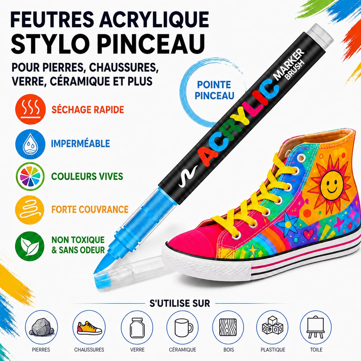 Melifluo Feutre Acrylique Lot de 168 Couleurs à Pointe Pinceau – Marqueur Peinture Acrylique Adulte, Encre à l'Eau Couvrante pour Pierre, Verre, Bois, Tissu, Toile – Coffret Cadeau Loisirs Créatifs