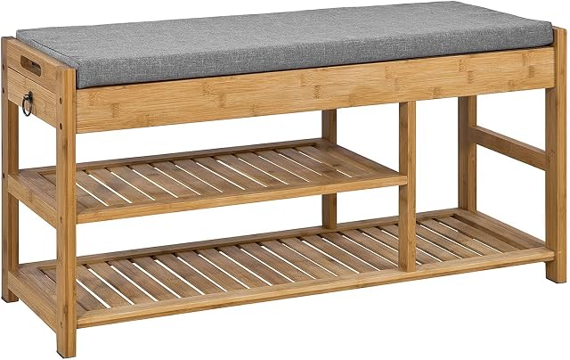 SoBuy® FSR47-N, Bamboo Shoe Rack Shoe Bench with Seat Cushion, Hallway Shoe Storage Bench Organizer with Drawers