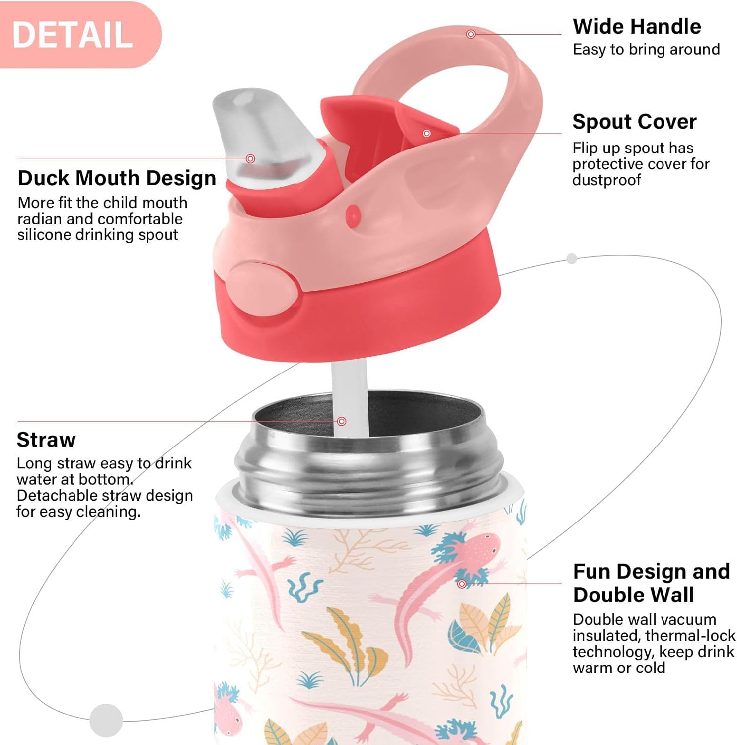 Cute Axolotl Insulated Water Bottle with Straw Handle for Kids 12 OZ Swimming Animal Stainless Steel Vacuum Insulated Cup for Hot and Cold Drinks Travel Tumbler for Toddler Girls - Image 4