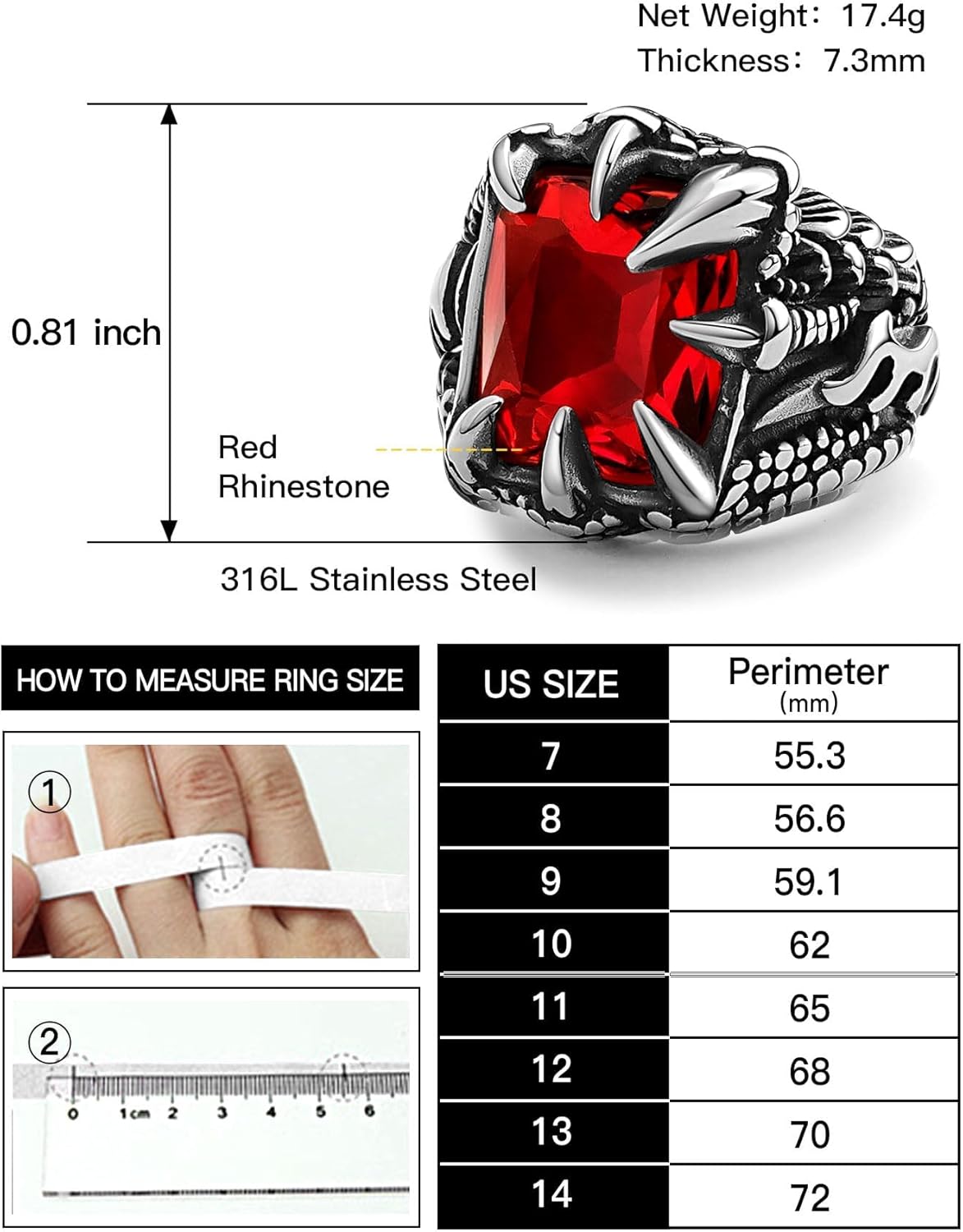 Men's Stainless Steel Dragon Claw Ring - Gothic Biker Style with Black/18K Gold Finish, Red/Black Gemstone, Crystal Stone Signet Ring Punk Jewelry, Size 7-14, Includes Gift Box - Image 6