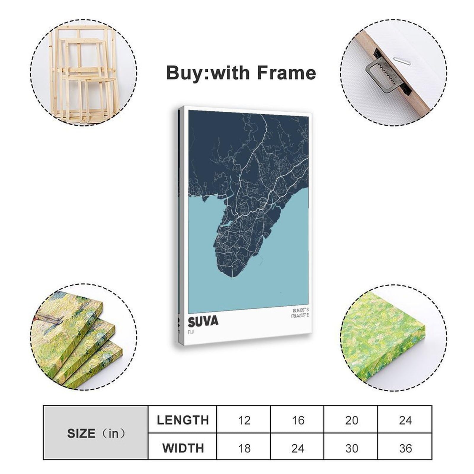 ANFOTCM Suva Mapa Fidżi, plakat na płótnie dekoracja sypialni sport krajobraz biuro pokój dekoracja prezent 60 x 90 cm