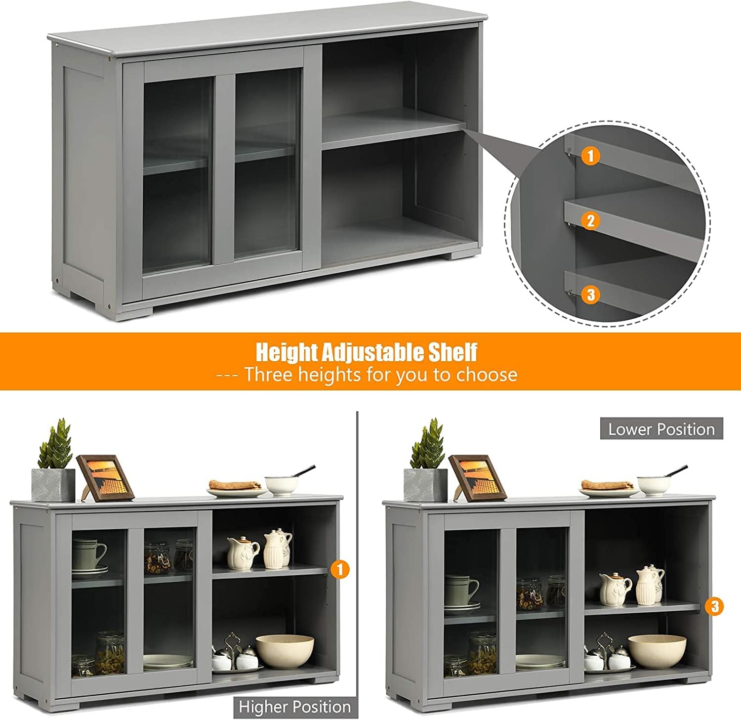 Sideboard Buffet Cabinet, Stackable Cupboard Storage Table with Adjustable Shelf & Glass Sliding Doors, Wooden Credenza Coffee Bar Cabinet for Kitchen/Dining Room/Living Room/Entryway (Grey)