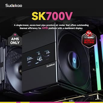 Sudokoo SK700V AM5 CPU Cooler: Air Cooler CPU AM5 Exclusive with Digital Display - Single Tower with 120mm PWM FDB PC Fan, 7 Heatpipes, Tool-Free Slide-In Mounting, Full RAM Freedom,