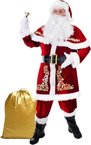 Ahititi Santa Costume for Men 12pcs Set Red Deluxe Velvet Christmas Party Cosplay for Adult Santa Claus Suit 3XL