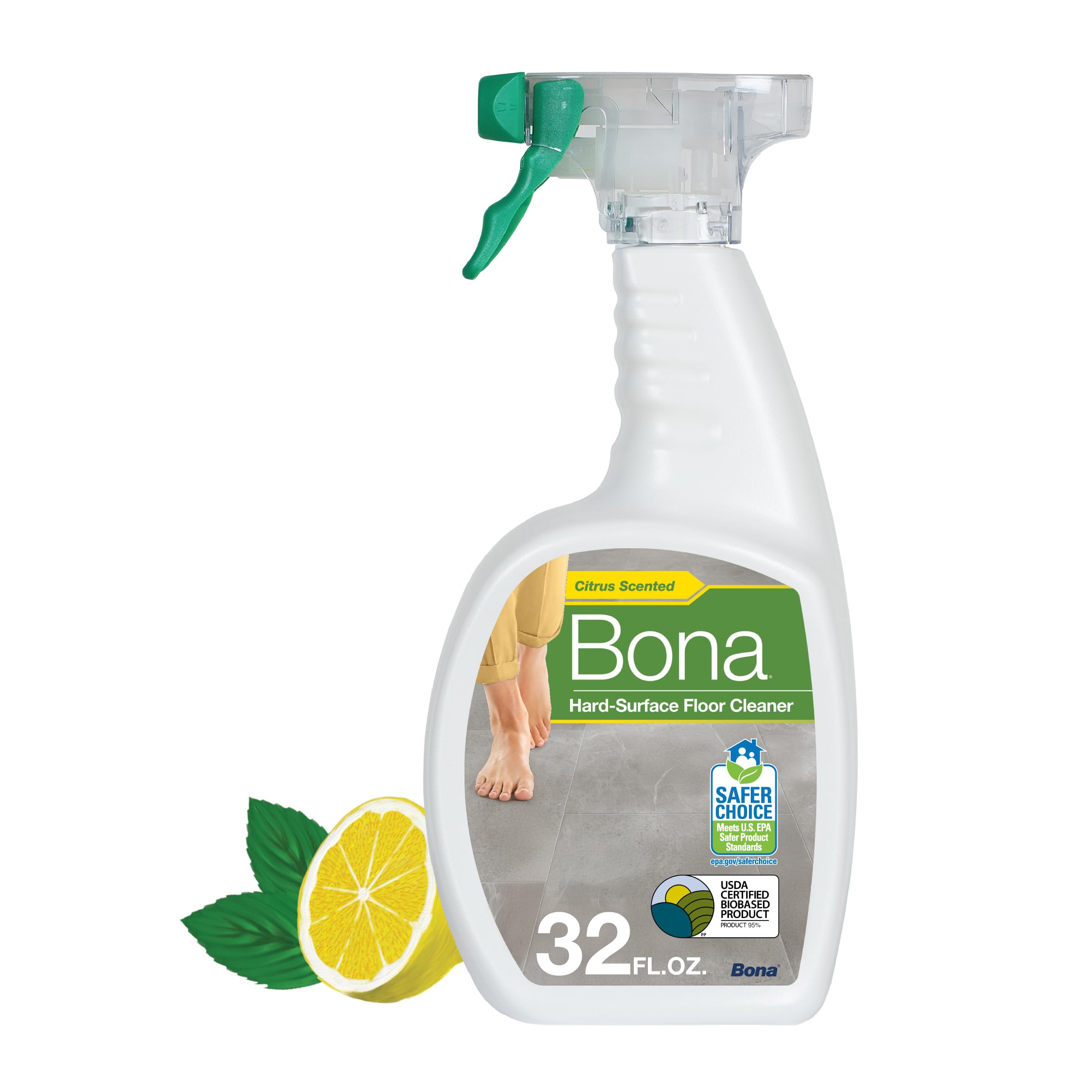 Bona Multi-Surface Floor Cleaner Spray - 32 fl oz - Lemon Mint Scent - Refillable - Residue-Free Floor Cleaning Solution for Stone, Tile, Laminate, and Vinyl FloorsU.S. EPA Safer Choice