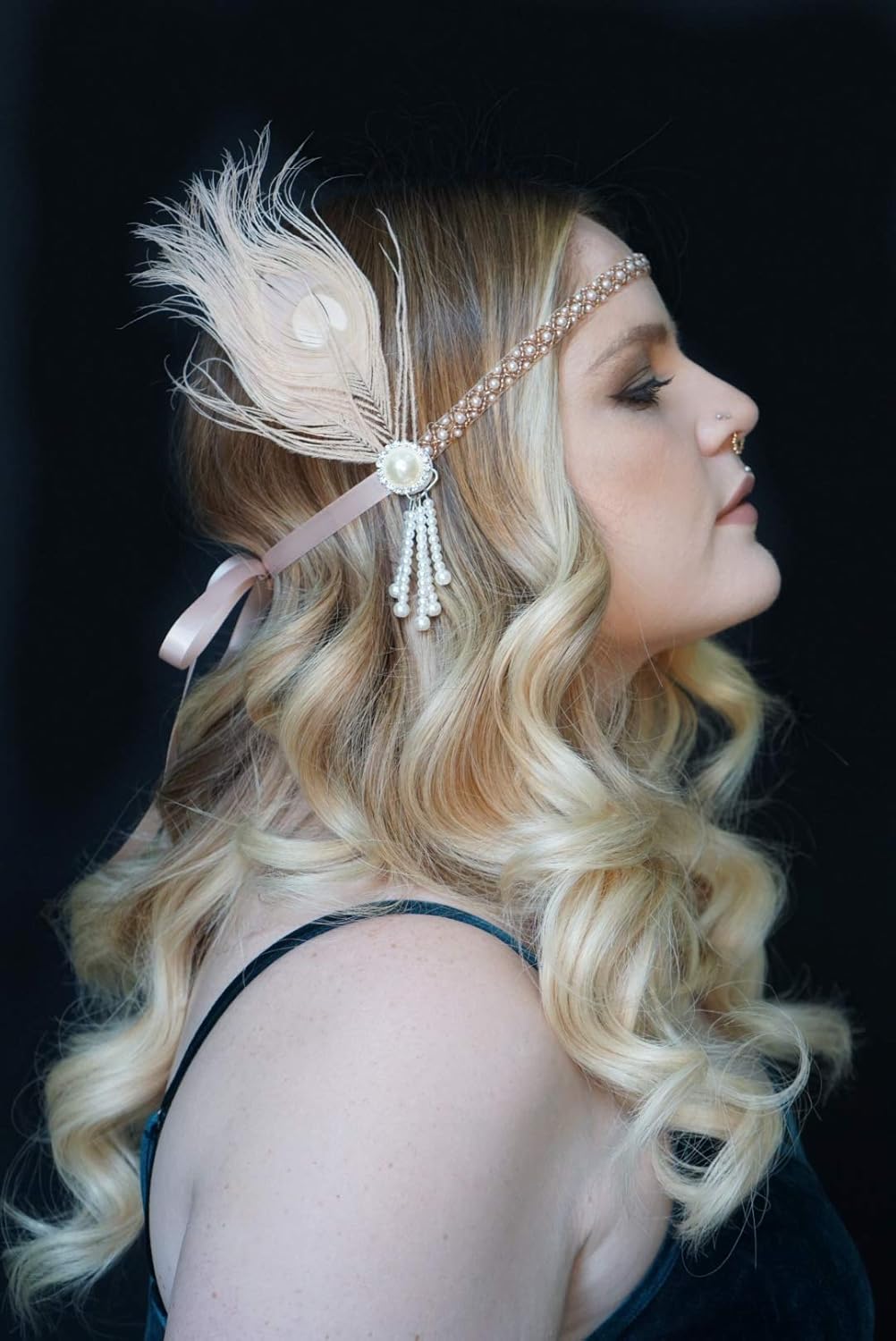 SWEETV 1920s Headpiece Flapper Headband, Pearl Peacock Feather Hair Band, Great Gatsby Accessoreis for Women, Blush Pink - Image 6