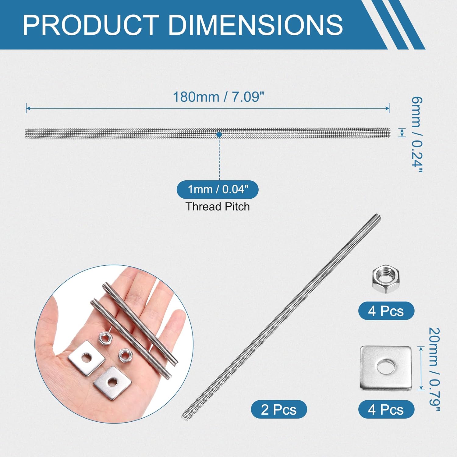 PATIKIL 2 Pcs Fully Threaded Rod, M6 x 180mm 304 Stainless Steel Right Hand Long Thread Bar Studs with Nuts Square Washers for Pipes Clamps Hangers U-Bolts