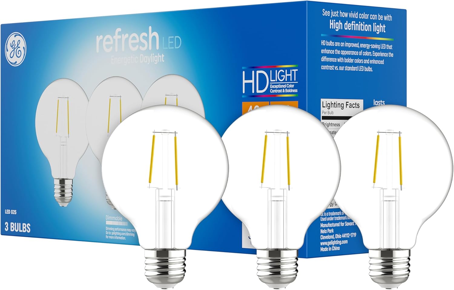 GE Refresh HD Daylight LED Bulbs, 40W Equivalent G25 Globe, Dimmable Clear Medium Base, 3 Pack - Enhanced Color Contrast