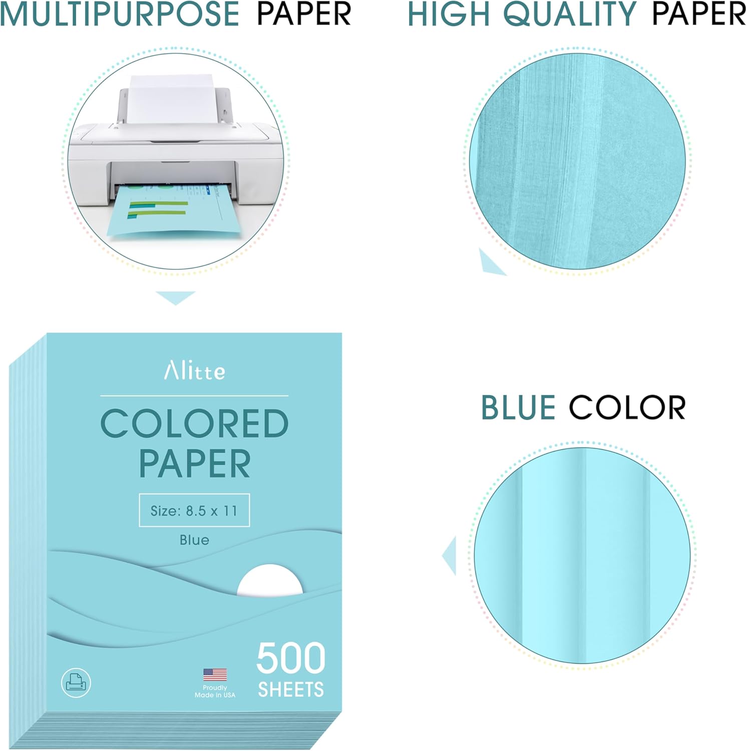 Alitte Colored Paper 500-Sheets - Blue Paper, 8.5 x 11 Colored Printer Paper, Arts & Crafts, DIY Projects - School & Office Supplies - Pastel Copy Paper, 1 Ream, Made in the USA