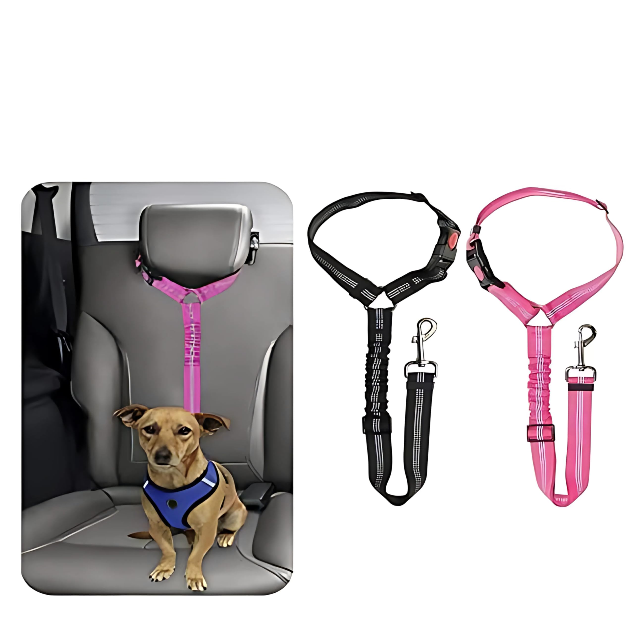 Dog Seat Belt Adjustable - Headrest Dog Car Seat Belt Restraint Puppy - Elastic Pet Dog Seat Belt harness - Strong Leads Harness for Dogs Cats and Pets 2 Pack (BLACK & PINK)