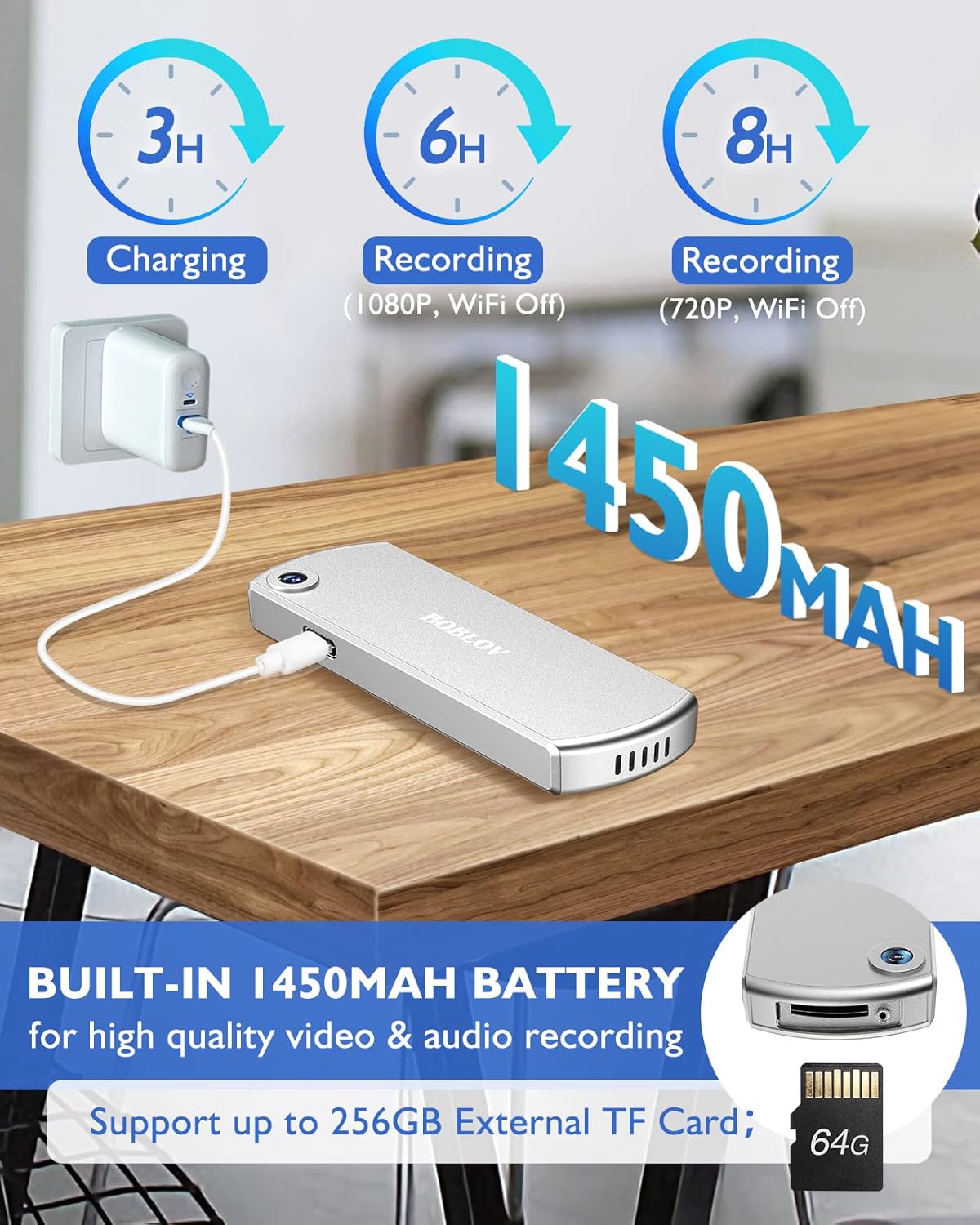 BOBLOV W3 Body Camera connected to a charger, illustrating charging time and battery capacity.