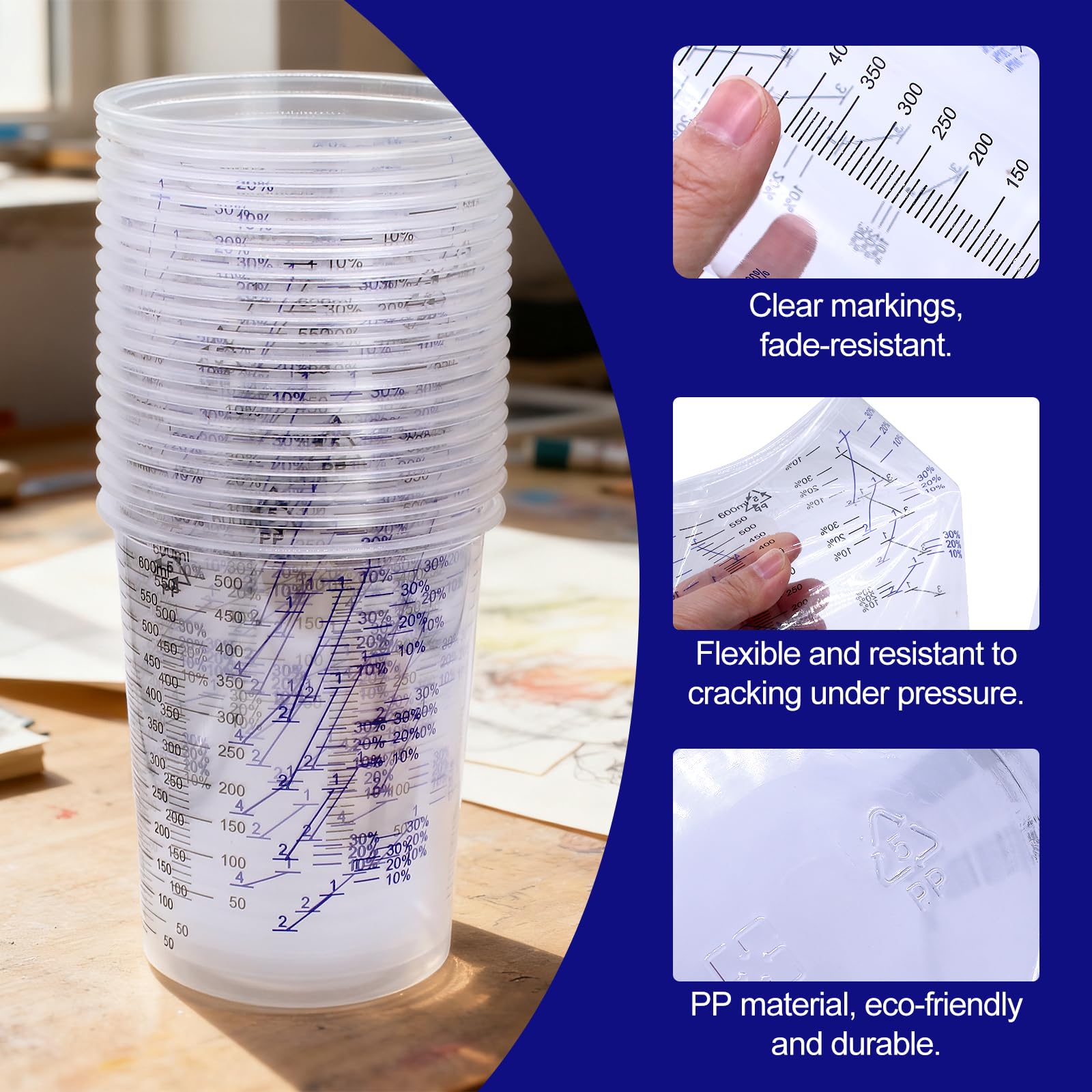 600ml Lack Mischbecher Epoxidharz Set, 50 Stück Lackmischbecher 600ml und 50 Stück Rührstäbchen, Messbecher Cups mit Skala und Mischungsverhältnis