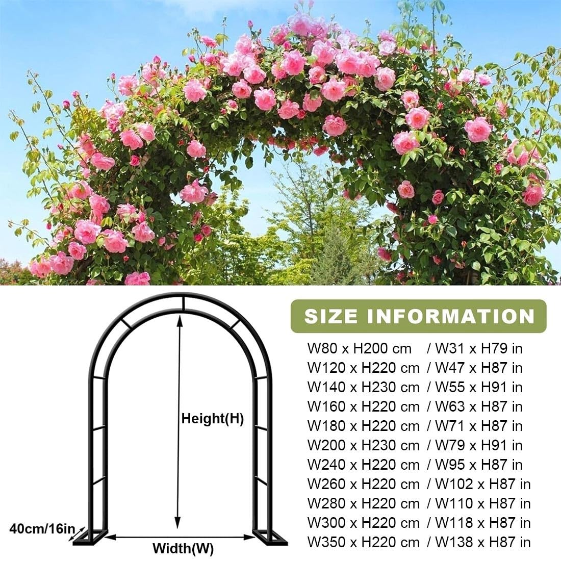 Gartenbogen 80cm bis 350cm breit Rosenbögen Torbogen Rankhilfe für Kletterpflanzen Metall Gartenspalier,Rankenbogen Pergola Hochzeitsbogen für Garten Hochzeit(Grün,L80xW40xH200cm)