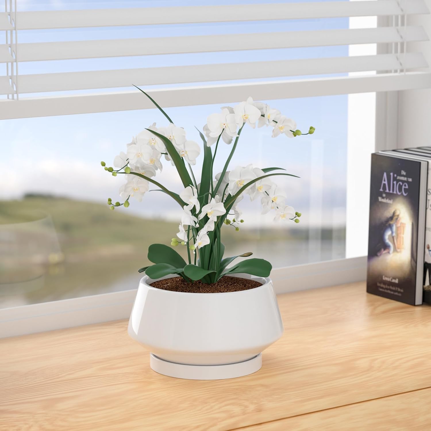 10 Inch Ceramic Planter with Drainage Hole and Saucer, Indoor Outdoor Plant Pot for Plants, White