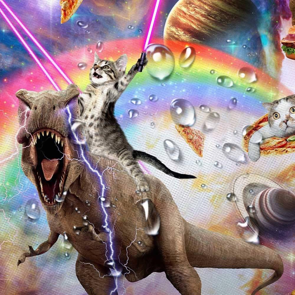 Funny Cat Shower Curtain, Cool Riding Dinosaur on Fantasy Galaxy Space Cute Hilarious Outer Universe Anime Fabric Boys Girls Curtain for Bathroom with 12PCS Hooks, 70X85IN Pink