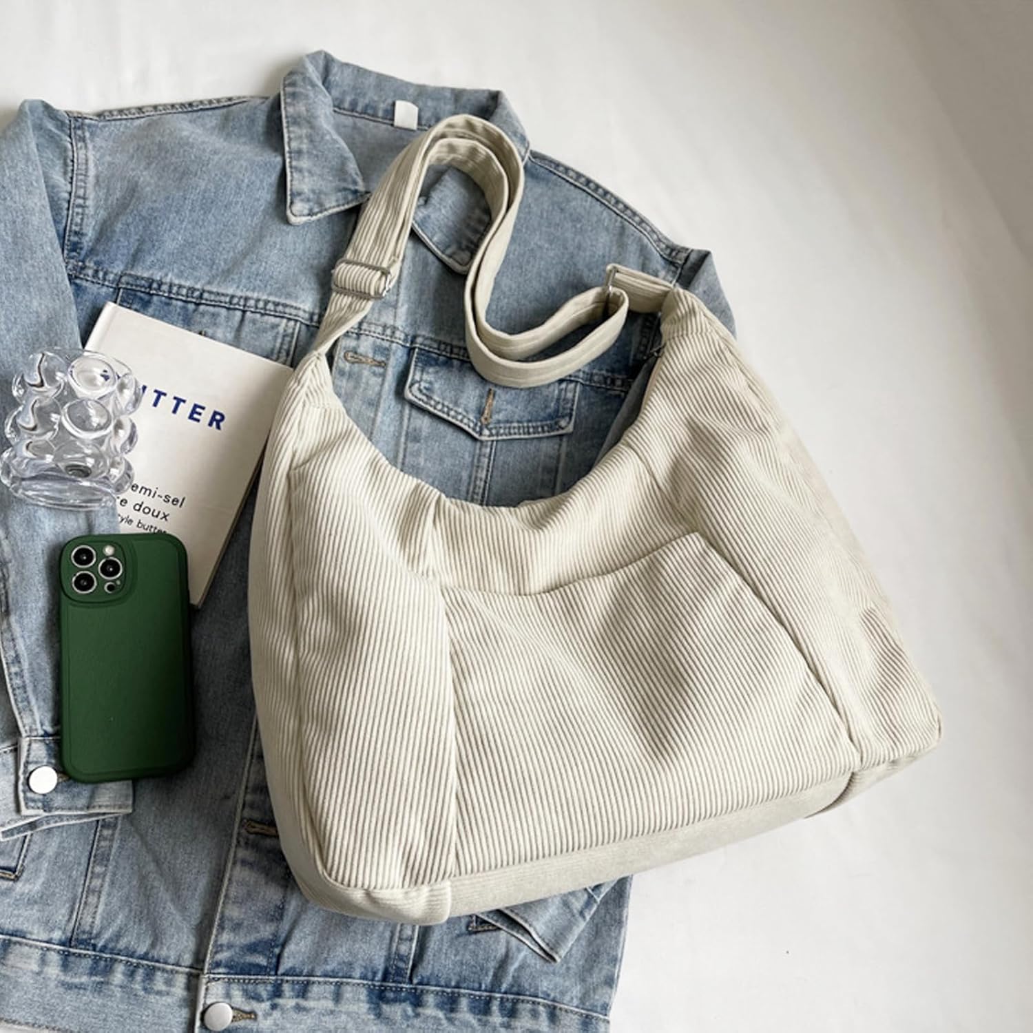 Corduroy Tote Bag Crossbody Bag for Women Tote Bag with Large Space and Comfortable Fabric for Travel, Work, Gym - Image 2