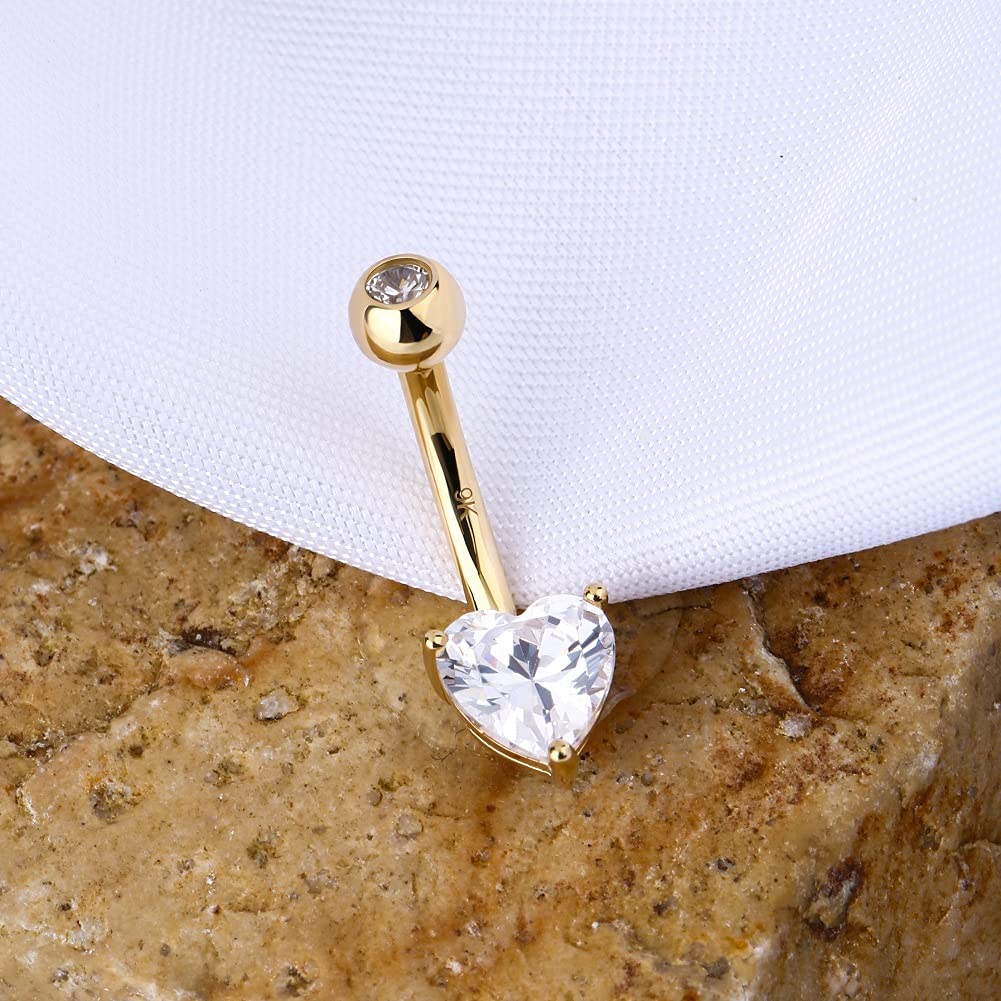 OUFER Carat Gold White Gold Heart Belly Bars Solid Cubic Zircon Belly Button Rings Navel Piercing Jewellery 14 Gauge 1.6mm