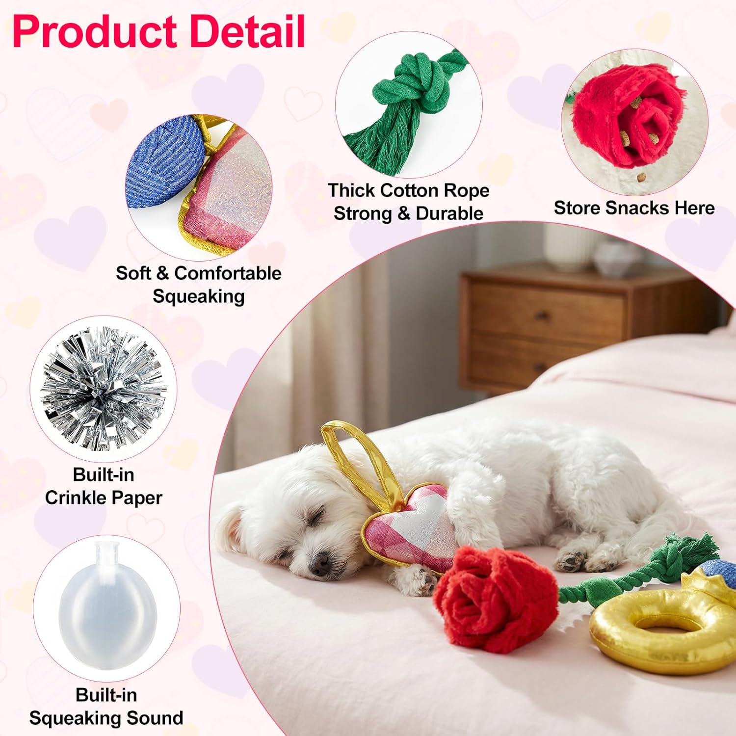 Vehomy Valentine's Day Dog Toys Set- Puppy Diamond Ring Toy with Squeaker Dog Crinkle Rose & Squeaky Love Heart Toys 3-Pack Valentines Pet Toy for Small Medium Dogs