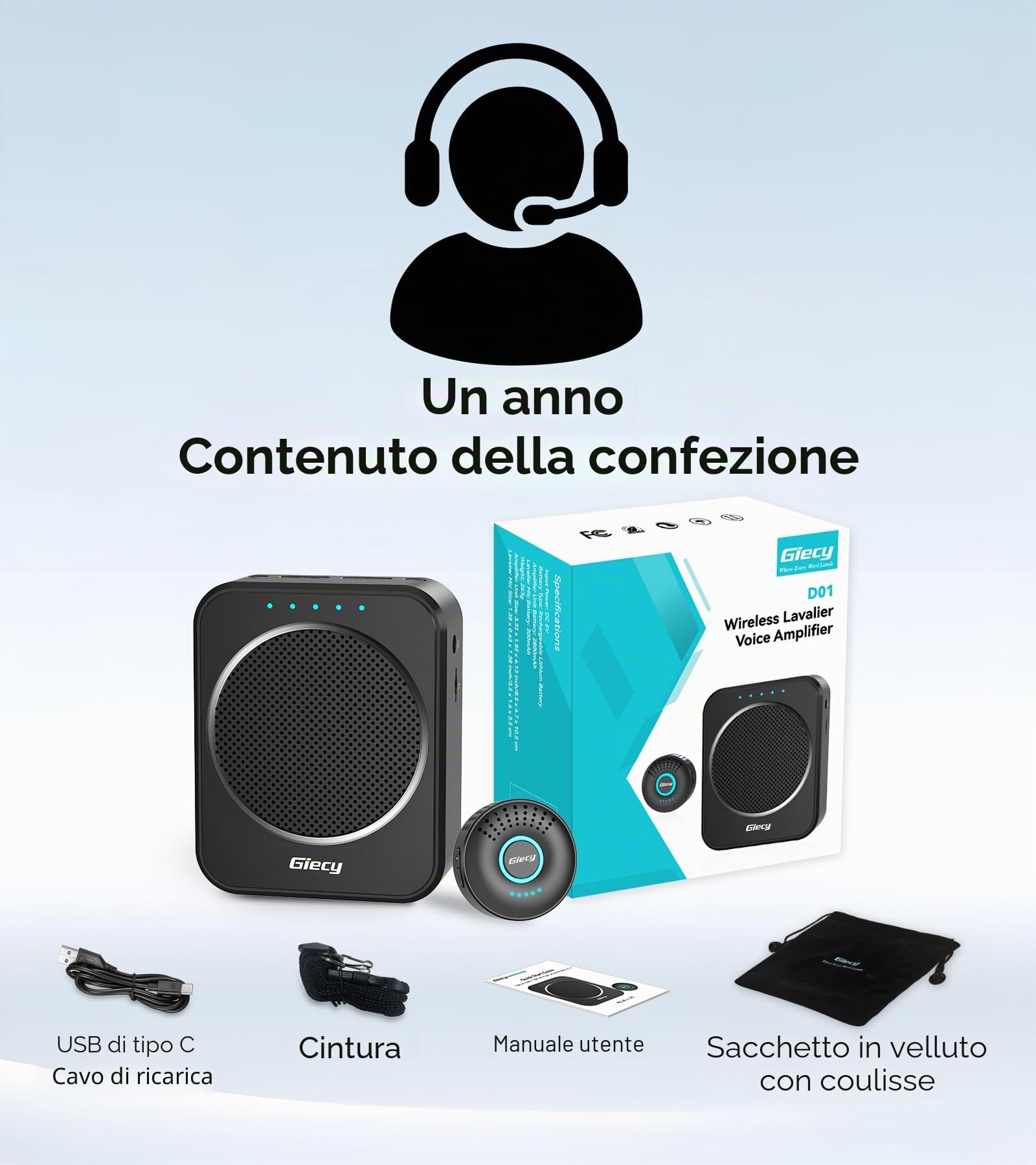 Amplificatore Vocale con Microfono Wireless Lavalier Portatile,DSP Anti-Rinnovo,Batteria Ricaricabile 2800mAh,Sistema PA senza fili per Insegnanti, Guide Turistiche, Presentazioni, Uso Esterno