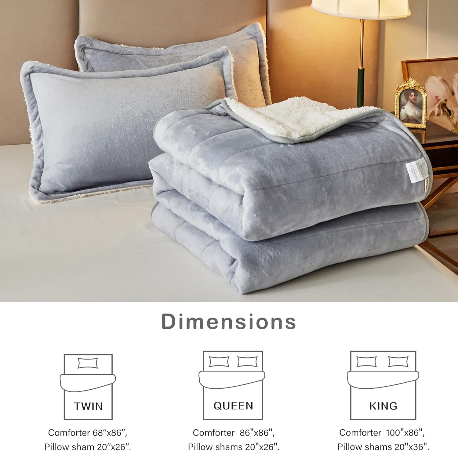 3-Layer Luxury Flannel Fleece Thick Bed Blanket Full Queen Size, Soft Plush Velvet Sherpa Blanket with 2 Pillow Shams Heavy Warm for Winter, Breathable n Washable, Gray - Image 6