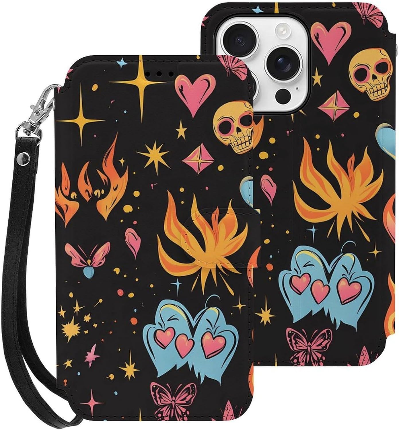 Y2k Skull Flame Butterflies Hearts Compatible with iPhone 16/16 Plus/16 Pro/16 Pro Max/16 E Case Phone Wallet Card Holder Flip Cover with Wrist Strap