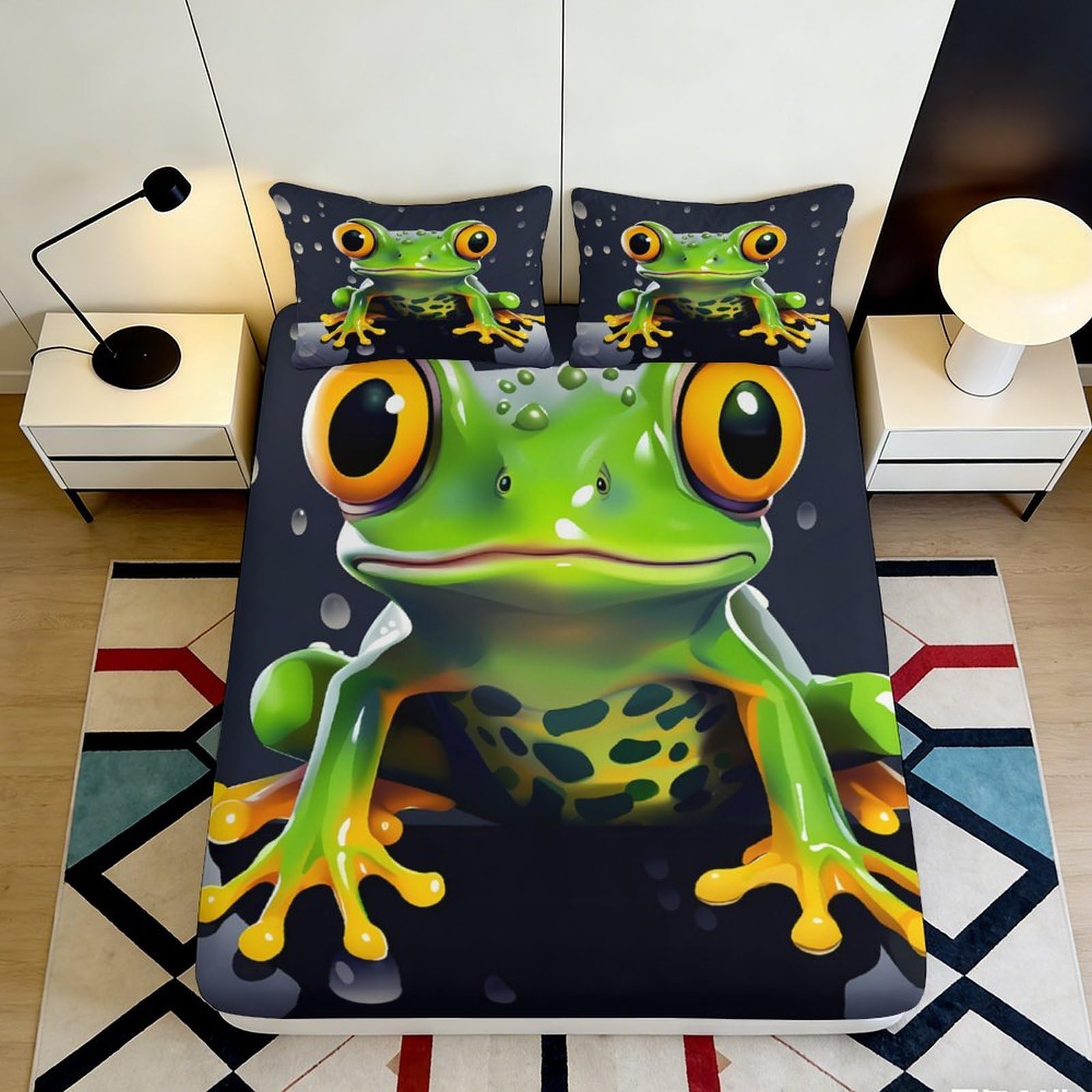 3D Printed Frog Pattern Fitted Sheet Microfiber Deep Pocket Bedding Frog Mattress Fitted Cover Non-Slip Elastic Wrap for Adults Teens 200x200x25cm