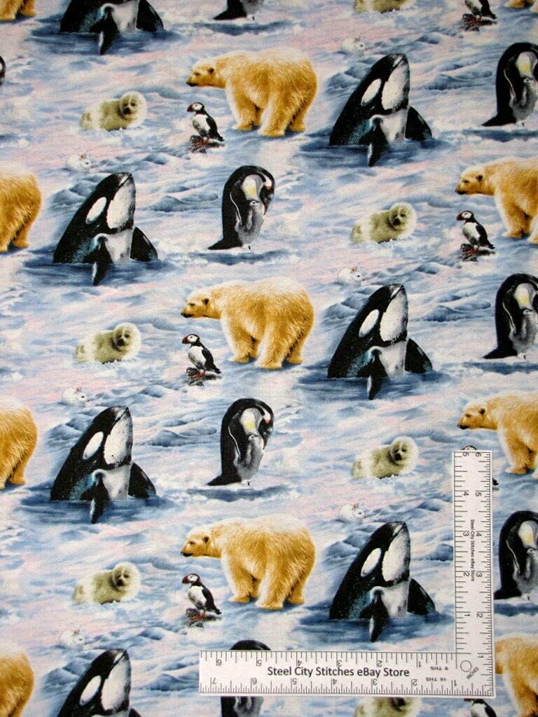 Quality Fabric Penguin Polar Bear Whale Puffin Ocean Sea 100% Cotton Fabric Giordano Yard 36 x 44 Inches