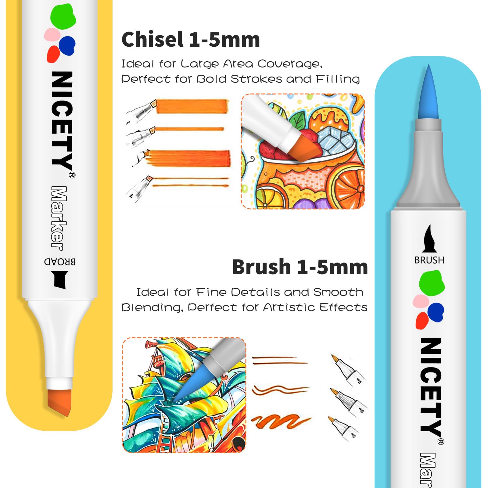 NICETY 120 pennarelli ad alcol a doppia punta pennello e scalpello – Set di pennarelli artistici a base di alcol per schizzi, disegni, colorazione, pittura, illustrazione – Pennarelli per artisti