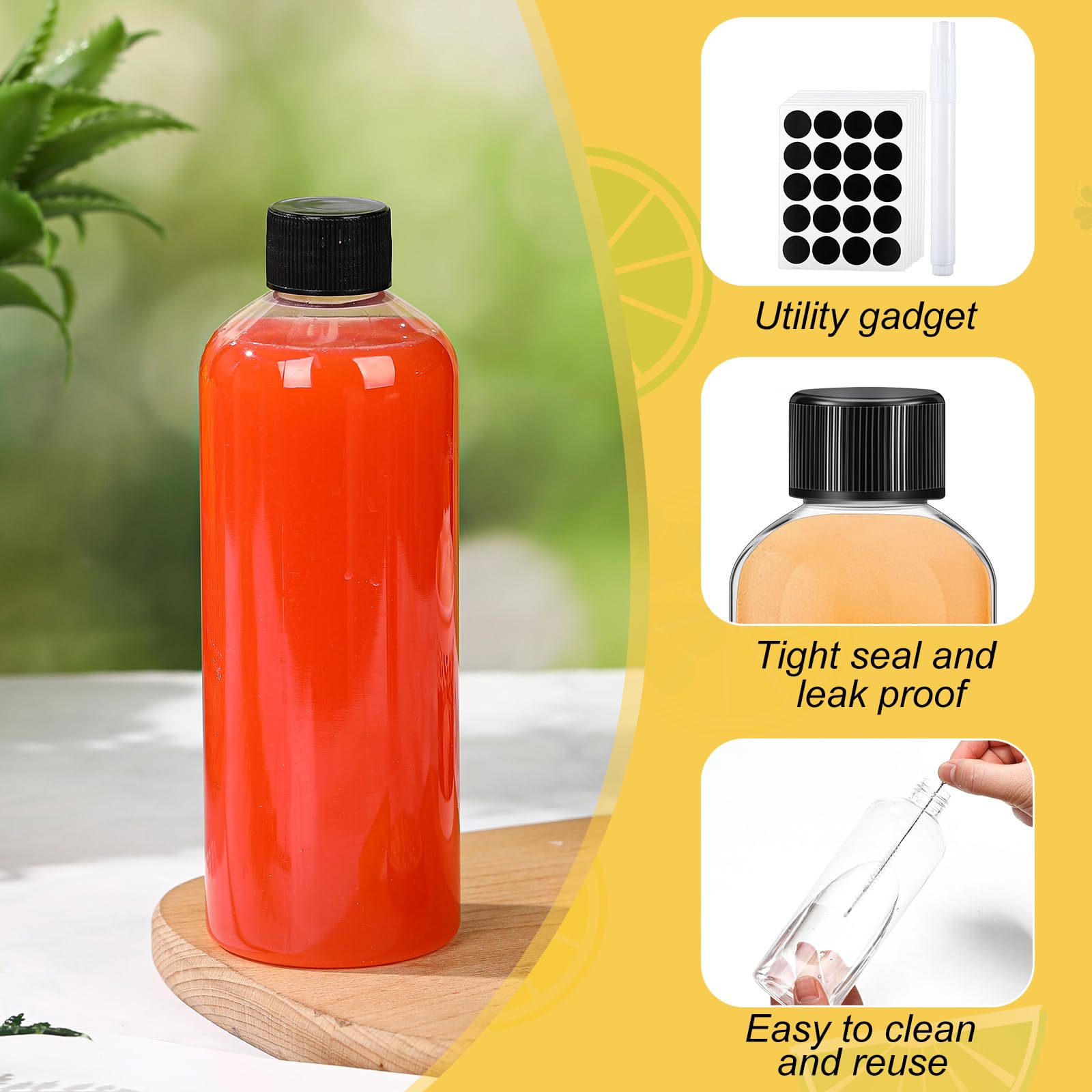 Dandat 100 bottiglie di plastica trasparenti per succhi di frutta, con tappo, riutilizzabili, trasparenti, con coperchio, etichetta, penna, per latte, bevande, pozioni, colpi di zenzero, whisky (283,5