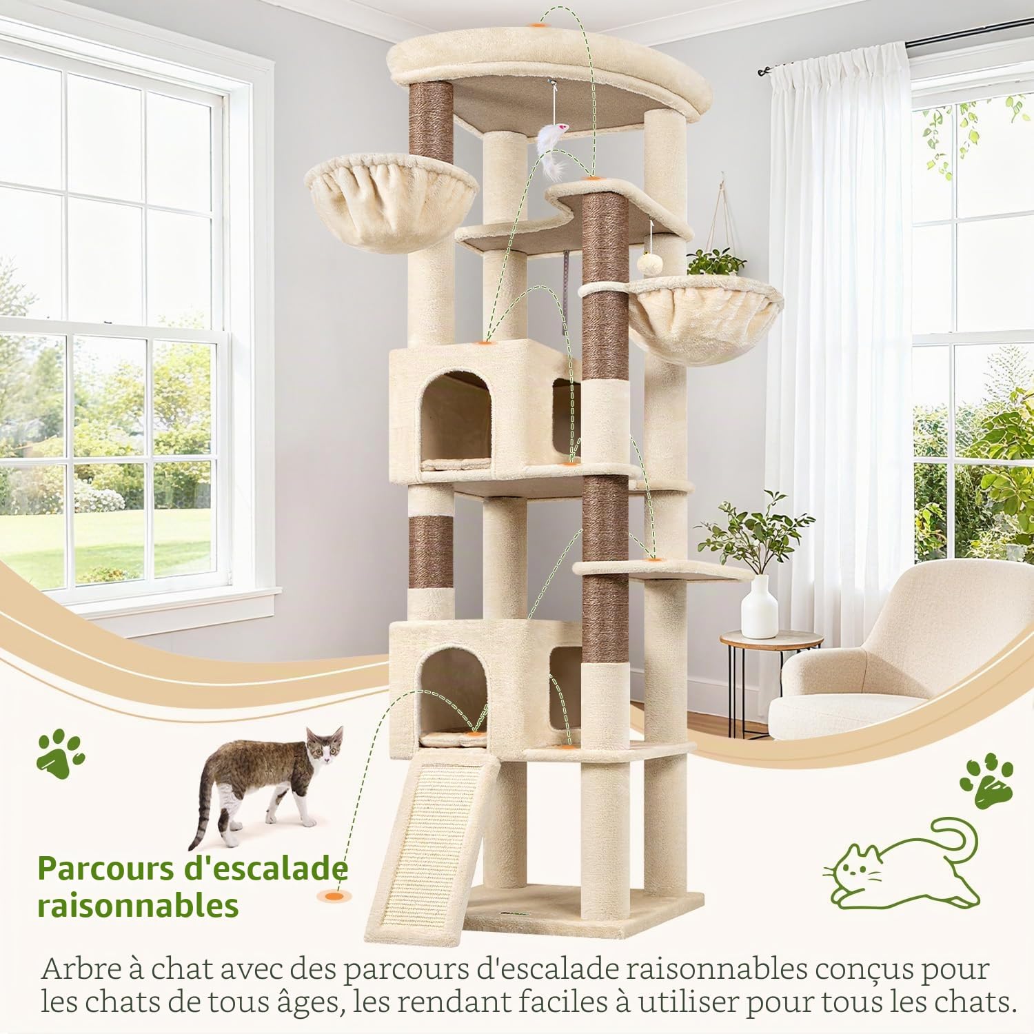 Globlazer Arbre a Chat Beige XXL Coin pour Gros Chats 204cm avec 2 Grand Niches 45*30*30cm, Immense Plateforme, Planche Sisal, Panier, Stable Arbres à Chats Intérieur Repos Gratte Jouant (C80, Beige)