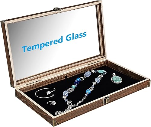 Miniatura 4 de MOOCA Vitrina de joyería con tapa de vidrio de madera, bandeja de joyería de madera con cierre de metal, almohadilla de exhibición de joyería de