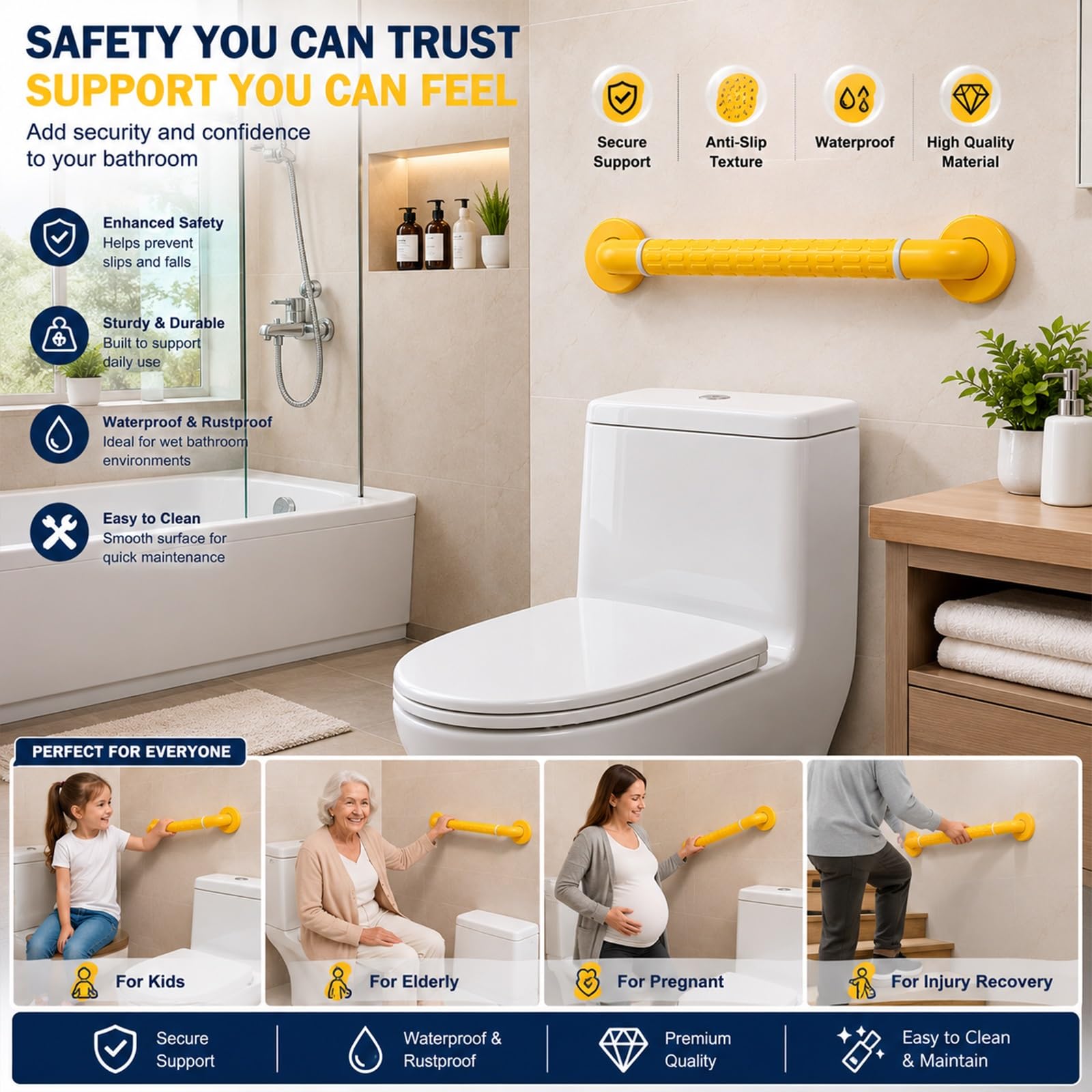 Barra De Apoyo para Ducha De Alta Resistencia (soporta Hasta 200 Kg / 440 Lbs), Fabricada En Acero Inoxidable SUS304 con Montaje Oculto(White,58cm)