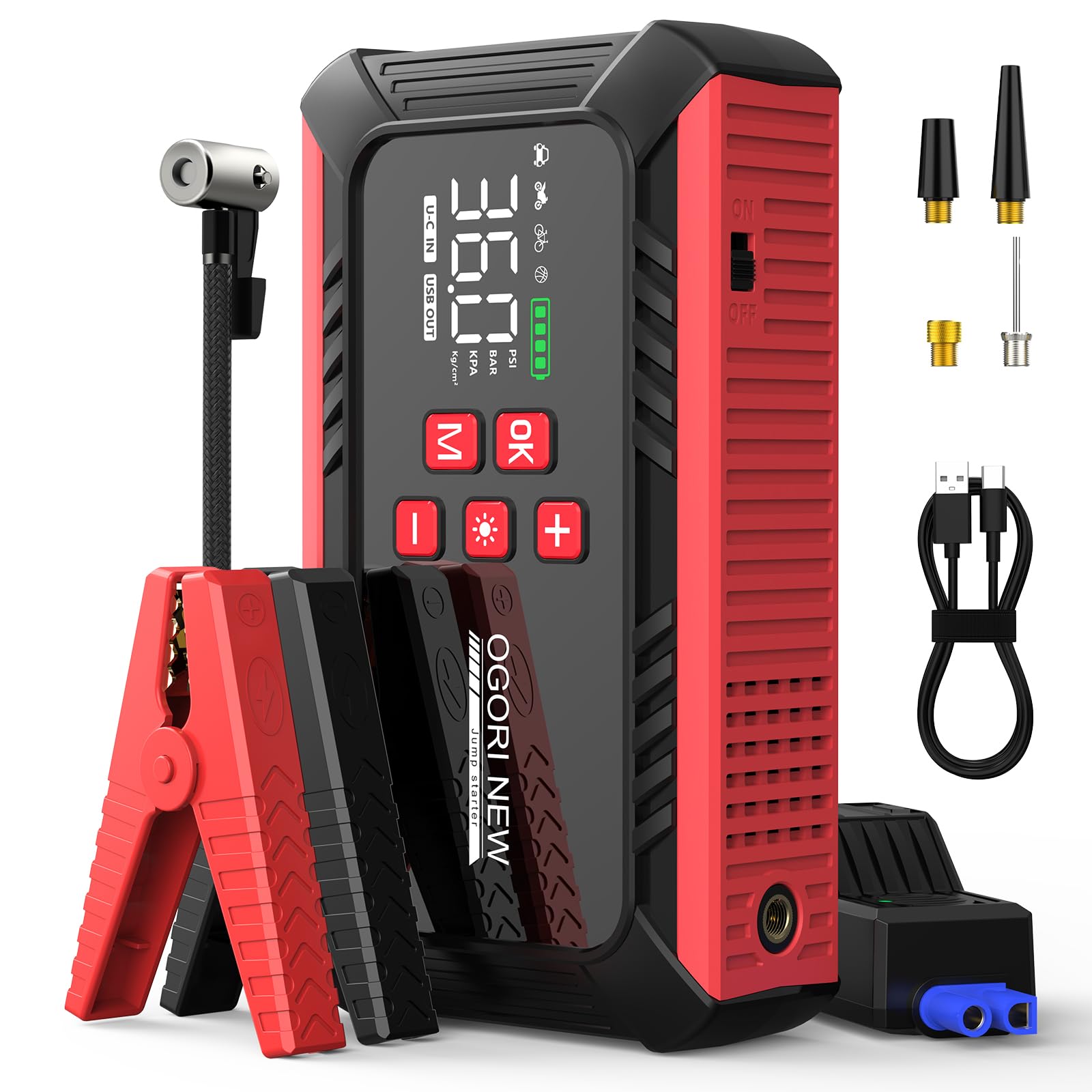 Booster Batterie Voiture 8000A,Demarreur Batterie Voiture avec Gonfleur 150PSI, Demarreur Batterie Voiture(8.0L Diesel/10.0L Gaz),12V Jump Starter pour Véhicule avec lumière LED/Écran LCD