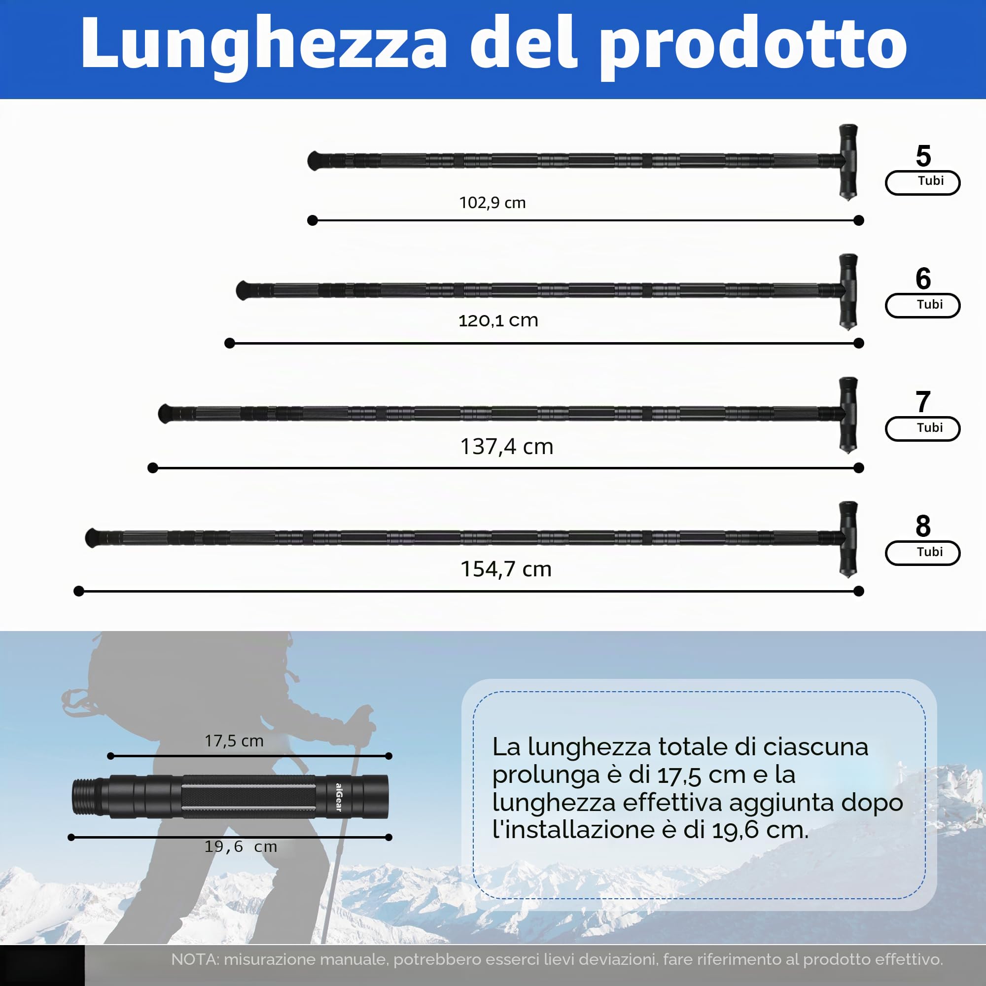 aiGear Bastoncini Trekking Regolabili in Alluminio 6/7/8 Sezioni Nero | con Borsa e 3 Utensili per L'esterno Accessori, CNC Lavorato, Regolabile in Altezza, per Campeggio Alpinismo Backpacking