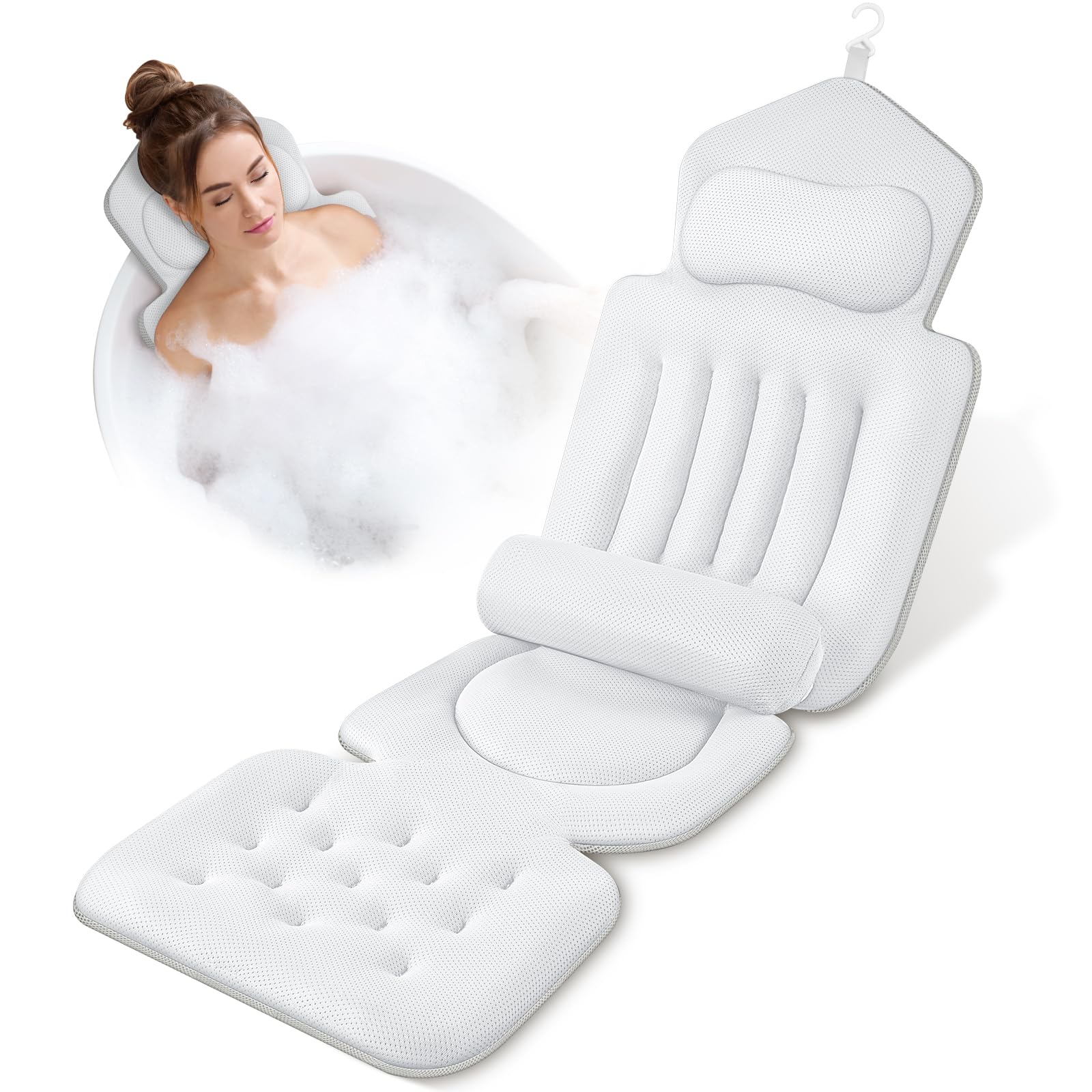 Bath Pillow for Tub, Full Bath Cushion for Tub with 192 Strong Suction Cups, Ergonomic Bathtub Pillow for Neck Back Legs, Soft Air Mesh Quick Drying