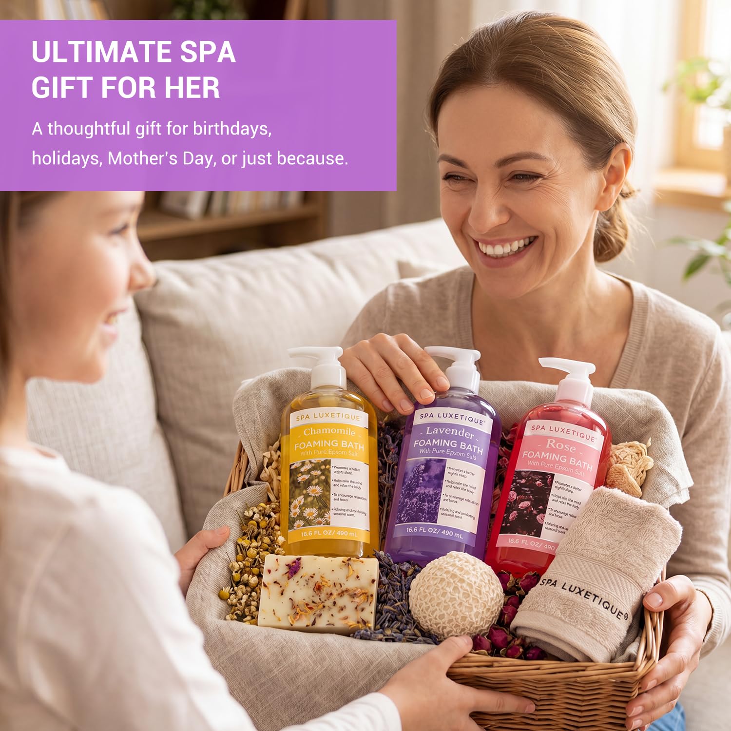 Spa Luxetique Bain Moussant avec Sel d'Epsom pur, Coffret de Bain parfum Camomille Rose et Lavande, Cadeau Fête des Meres, Cadeaux pour Femmes Hommes 3 Pack 49,8 fl oz