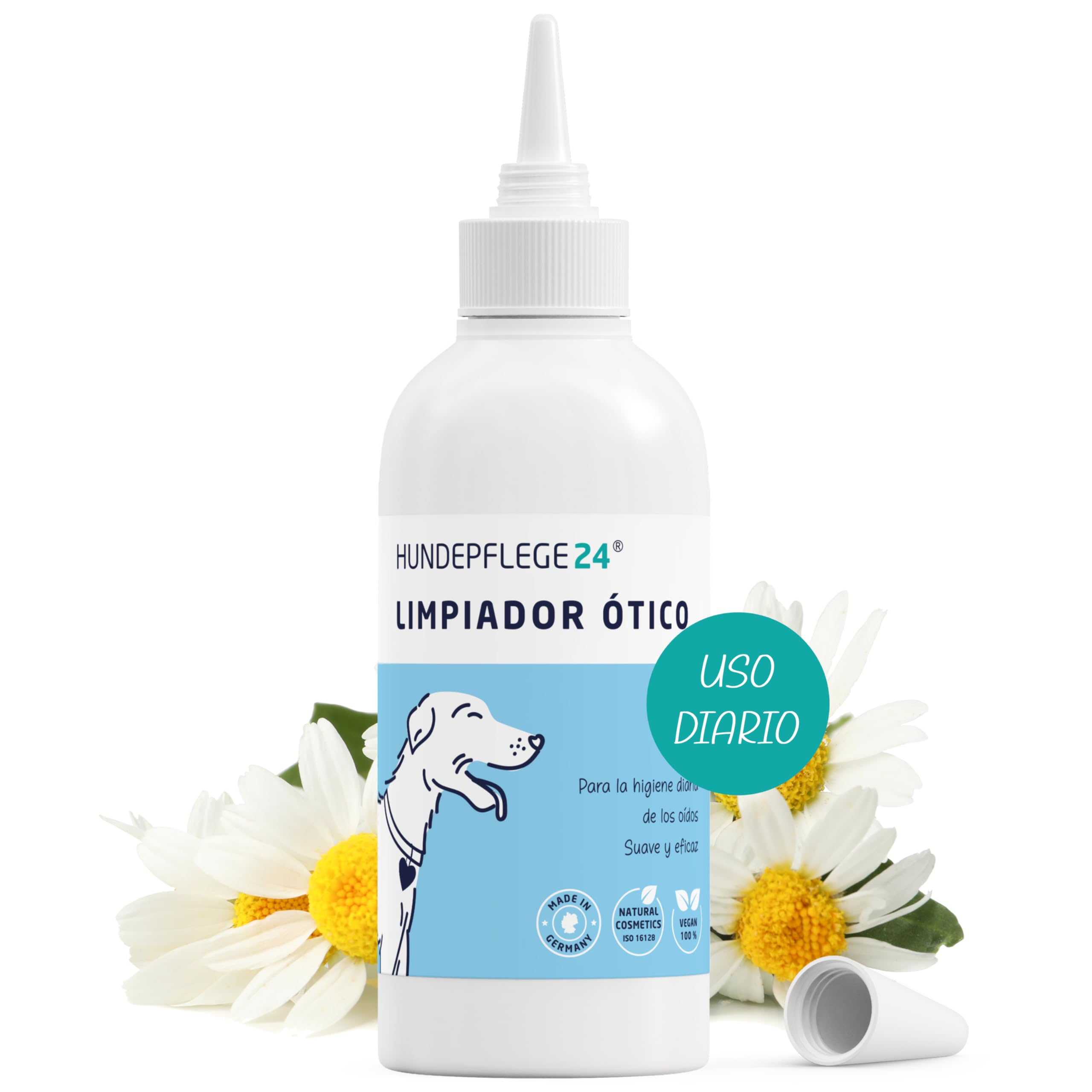 Hundepflege24 Limpiador de Oídos para Perro - Alivia el Escozor, Irritaciones y Mal Olor en Pocos Días - Limpiador oidos Perros y Gatos con Manzanilla y Aloe Vera - 250ml