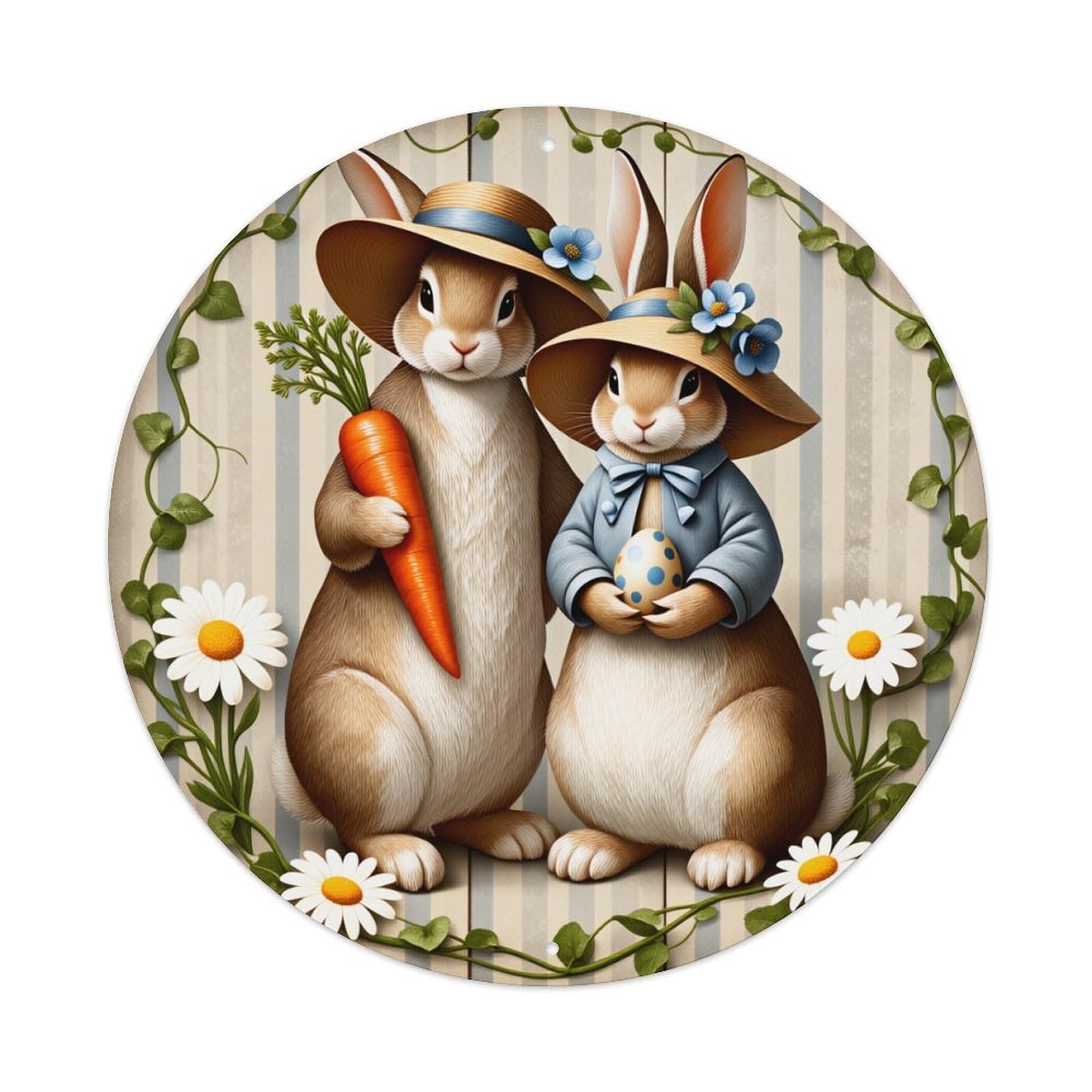 Easter Bunnies With Carrot And Egg In Garden Art Round Vintage Tin Sign,Retro Wall Art,Metal Poster for Home, Bar, Garage, Cafe, Rustic Indoor & Outdoor Decor, 8x8 Inches