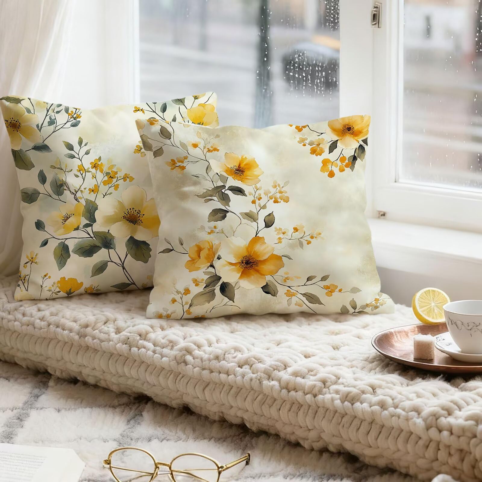 Amarillo Funda Cojin 65x65 Planta Funda Almohada 65x65 Cojines Sofa Súper Suave Fundas Cojines Decorativos Fundas Almohadas 4 Piezas Cervicales y Cuello, para Hogar Sofa Cama Salon Decoracion E - 917