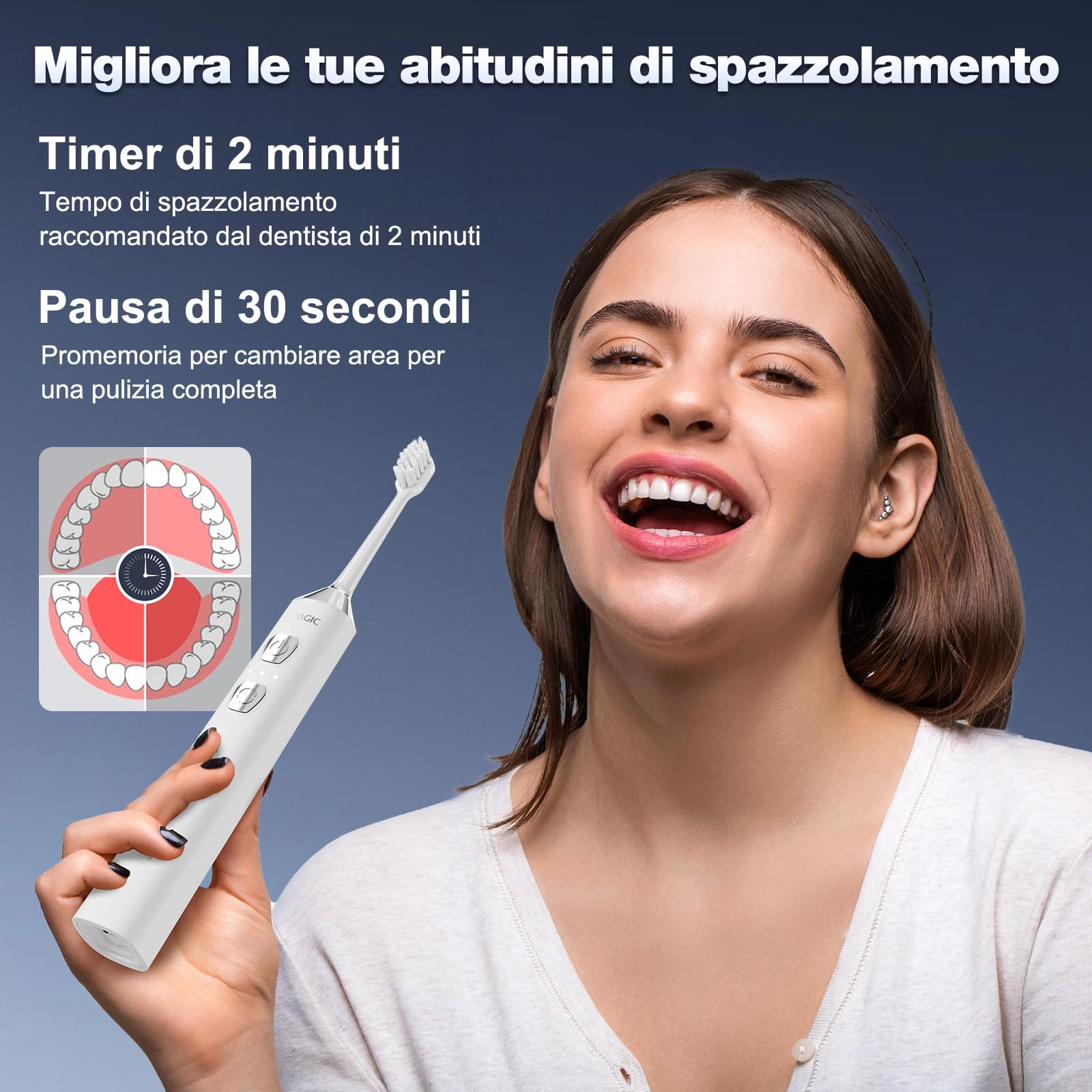 7MAGIC Spazzolino elettrico sonico, 180 giorni di autonomia, Bianco