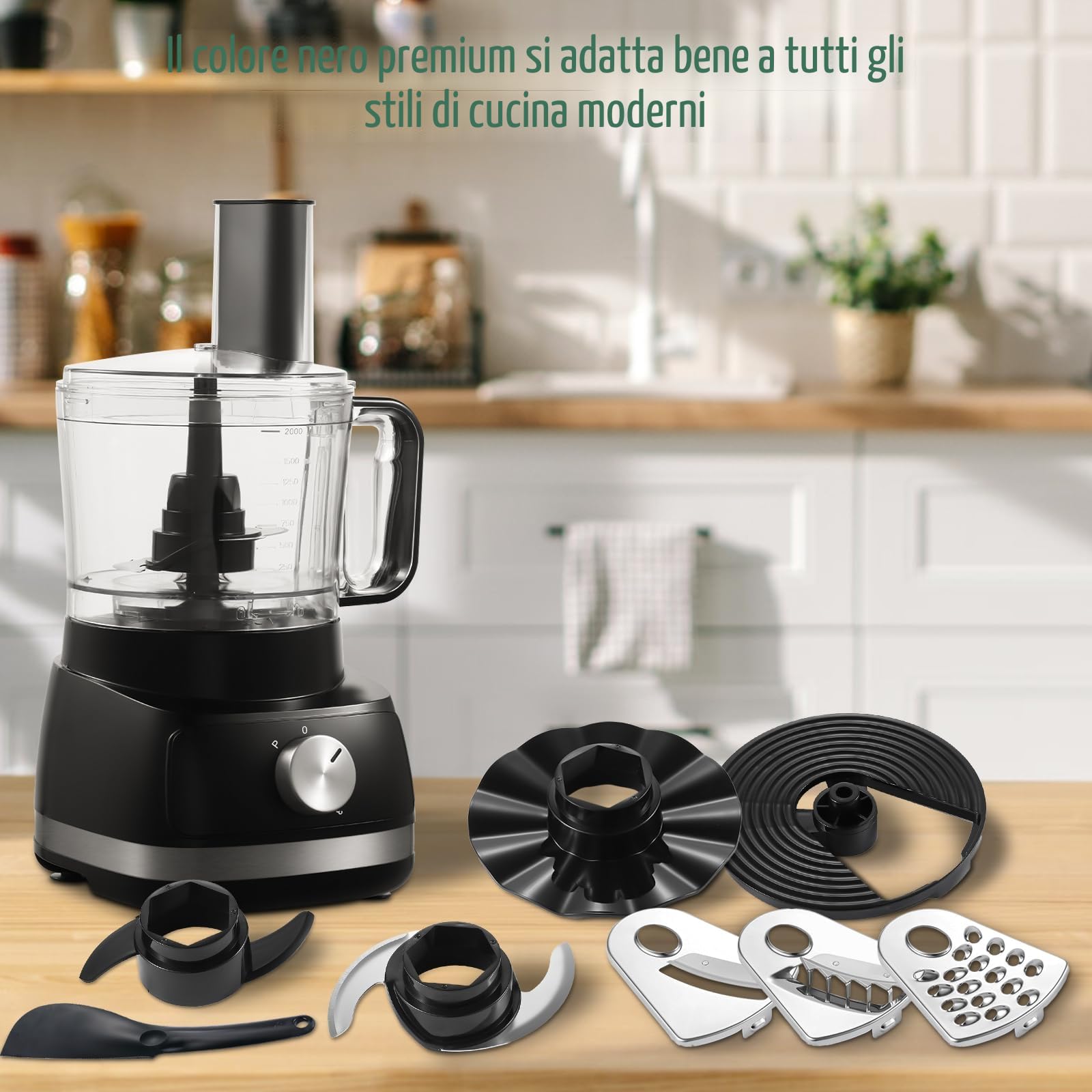 TopStrong Robot da Cucina, 800W Robot da Cucina Multifunzione, 2L Food Processor, 3 velocità Impostazione, con 3 dischi per il taglio a fette, tritatutto, impastatore, frusta,nero